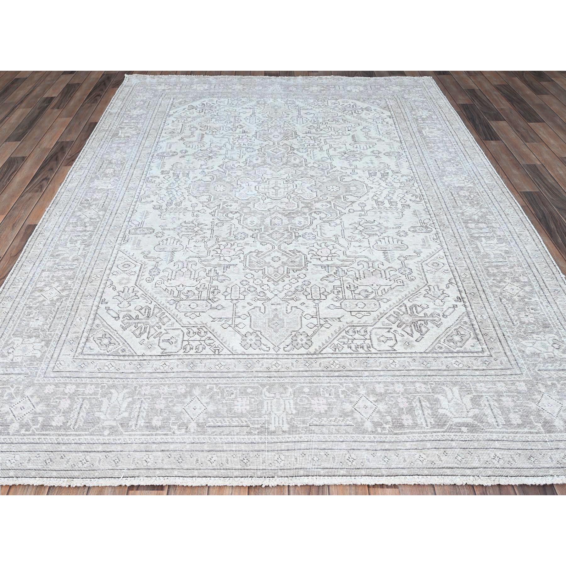 Hand-Knotted Ivory Hand Knotted Old Persian Tabriz White Wash Geometric Design Shiny Wool Rug For Sale