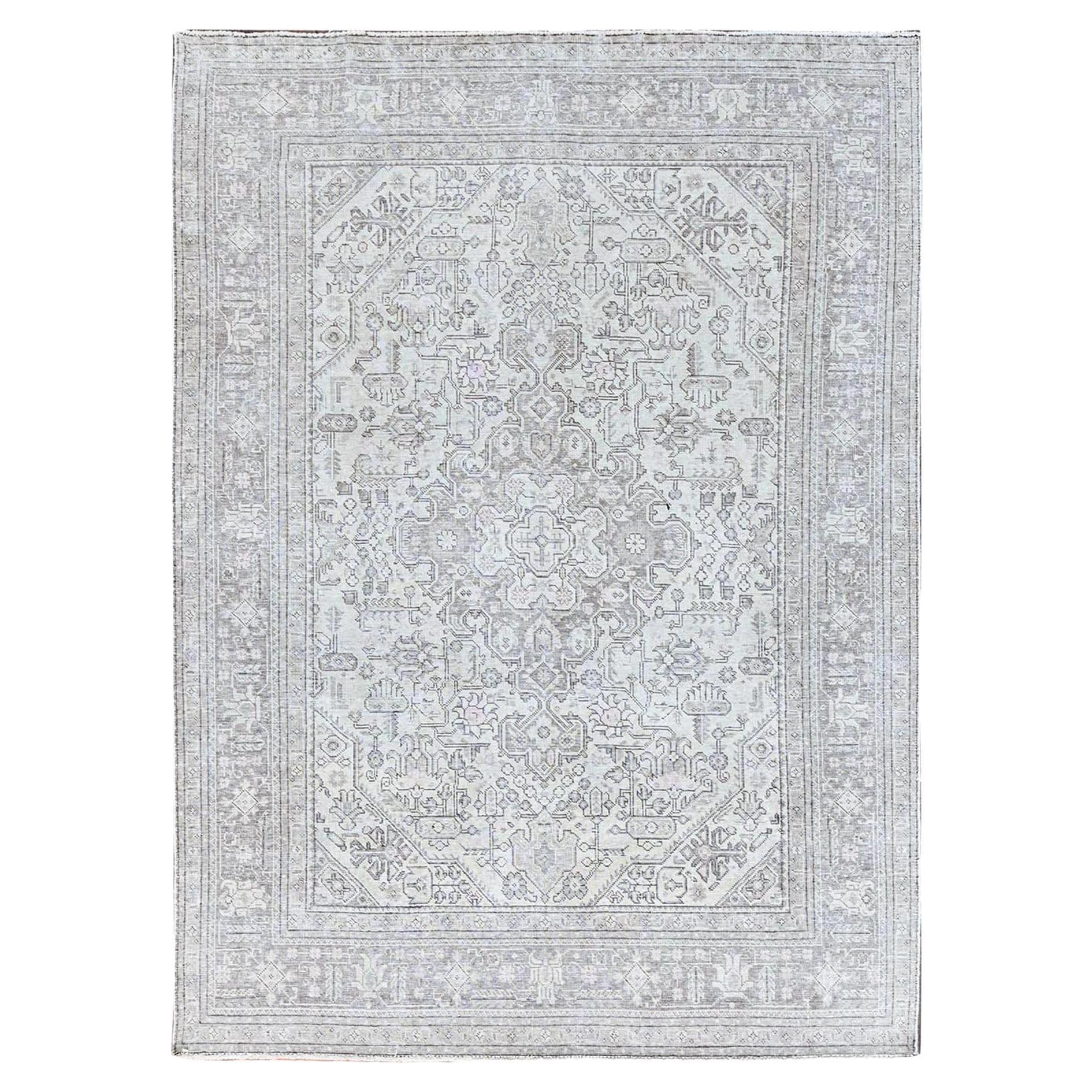 Ivory Hand Knotted Old Persian Tabriz White Wash Geometric Design Shiny Wool Rug