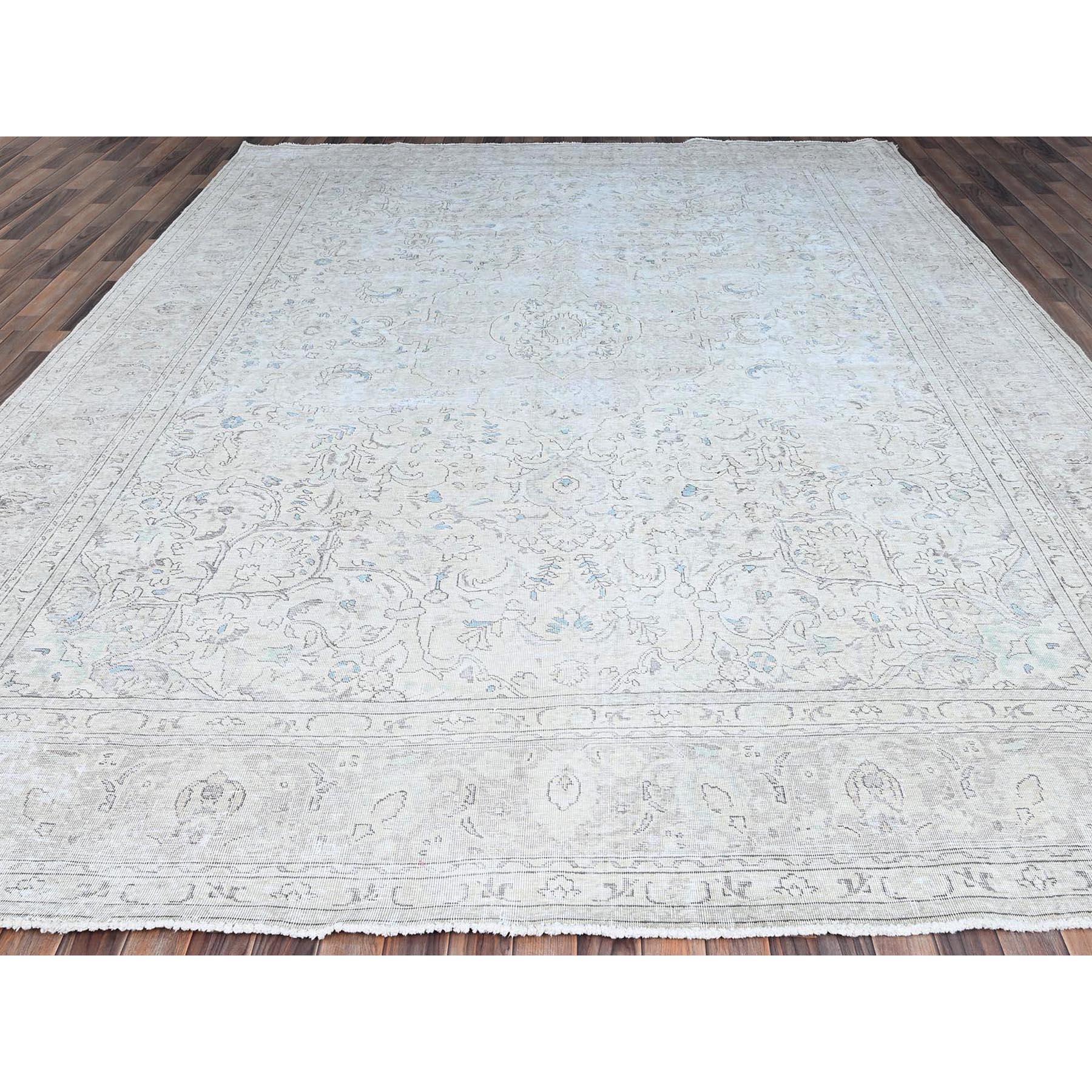 Medieval Ivory Hand Knotted Old Persian White Wash Tabriz Pure Wool Worn Down Clean Rug