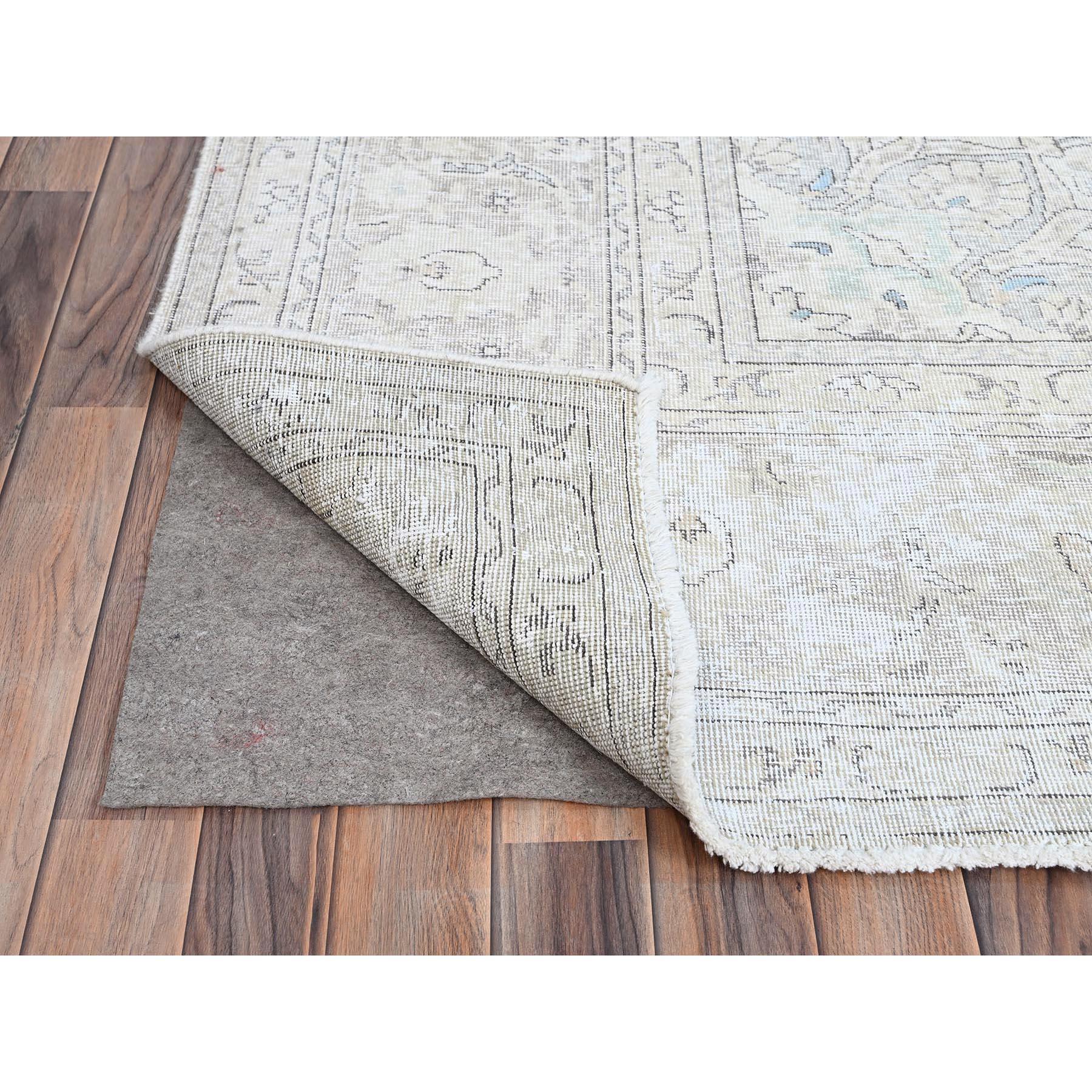 Ivory Hand Knotted Old Persian White Wash Tabriz Pure Wool Worn Down Clean Rug In Good Condition In Carlstadt, NJ