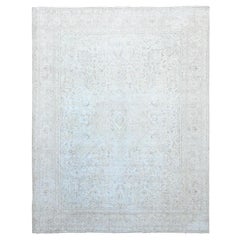 Ivory Hand Knotted Old Persian White Wash Tabriz Pure Wool Worn Down Clean Rug