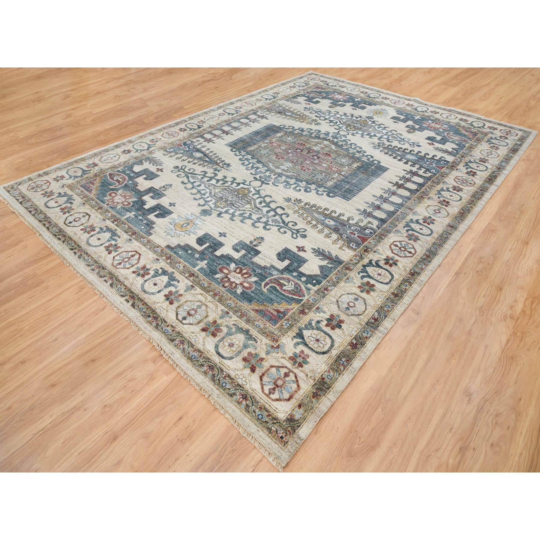 Elfenbeinfarbener handgeknüpfter, neu interpretierter, Viss Design 100% Wolle Orientalischer Teppich 10'0