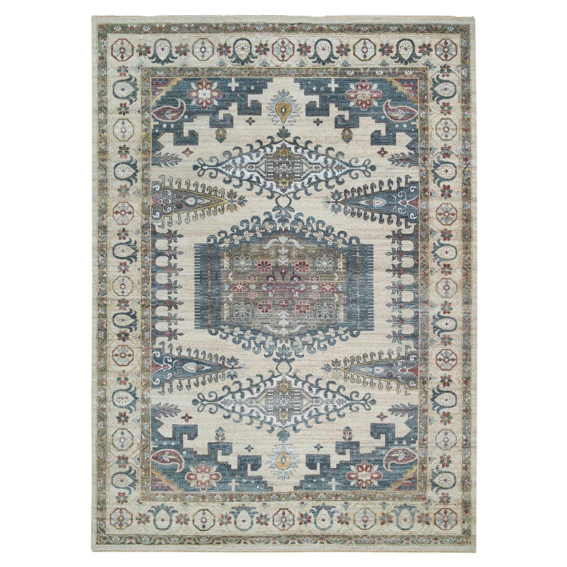 Ivory Hand Knotted Reimagined Viss Design 100% Wool Oriental Rug 10'0" x 14'0"