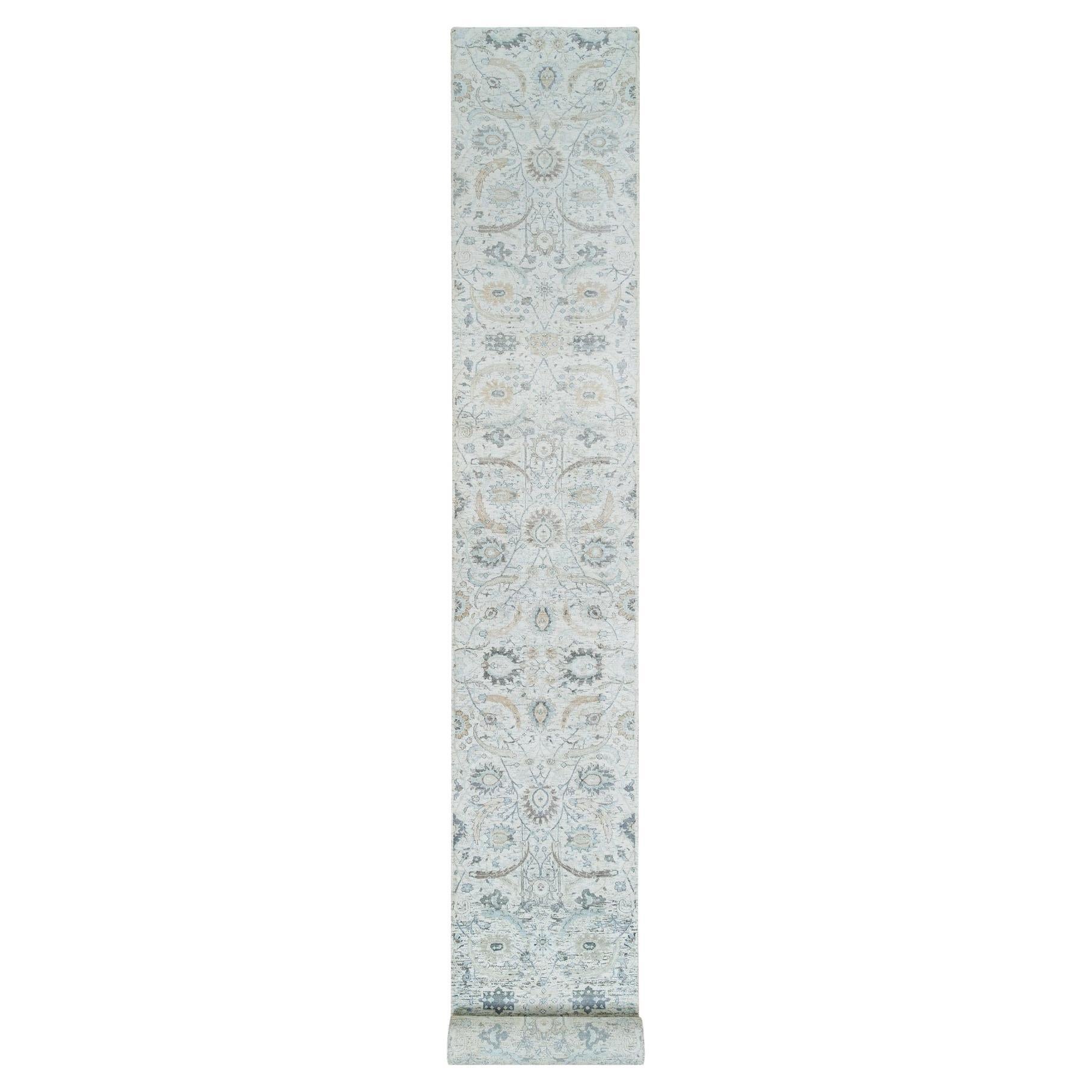 Ivory Hand Knotted Sickle Leaf Design Silk With Wool XL Runner Rug 2'7" x 22'0"