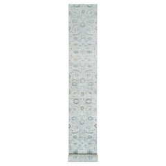 Tapis de course XL en soie et laine, noué à la main, motif feuille de faucille, ivoire 2'7" x 22'0".