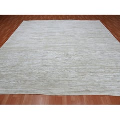 Ivory Hand Knotted Silk with Textured Wool Tone on Tone Striae Design Square Rug
