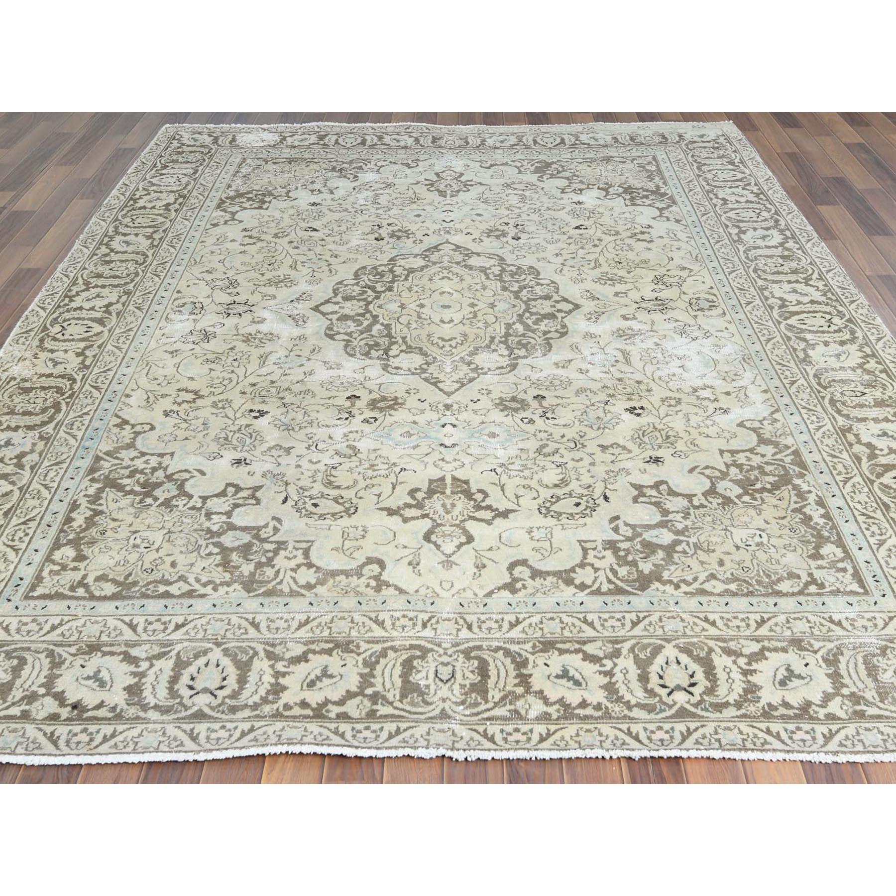 Hand-Knotted Ivory, Hand Knotted, Vintage Persian Kashan Distressed Look Worn Wool Rug For Sale