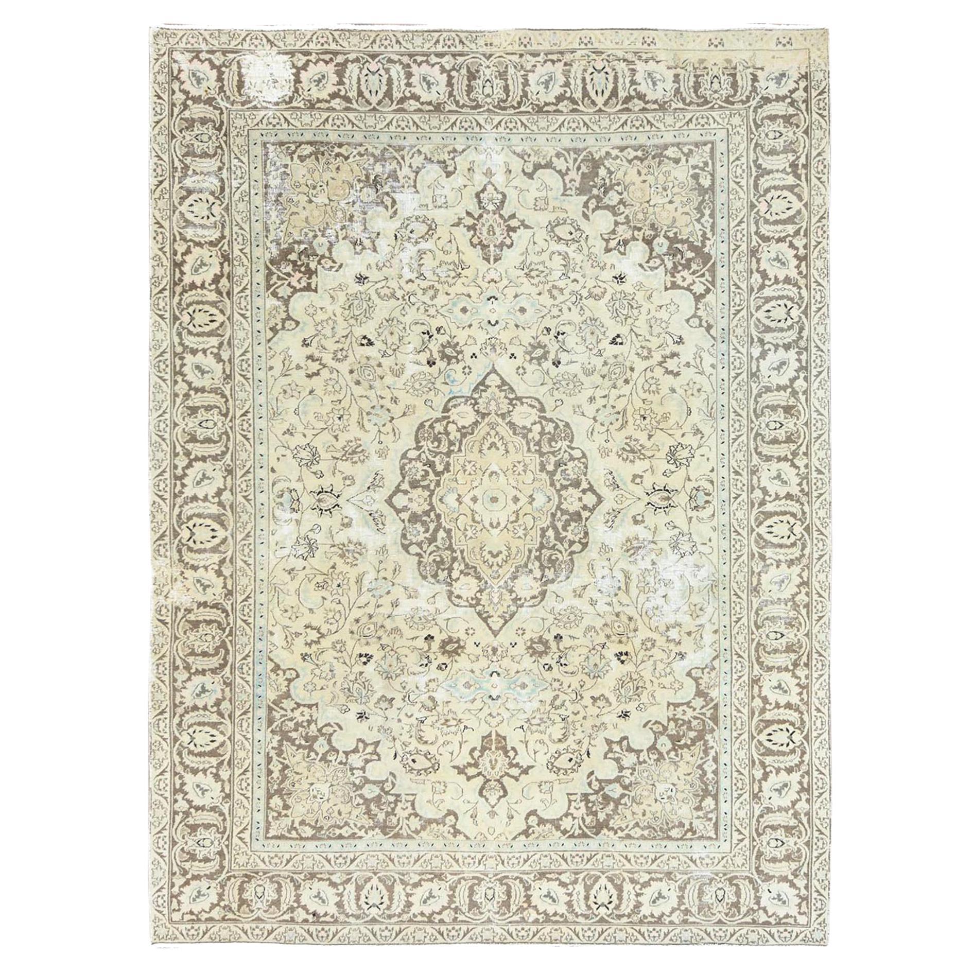 Ivory, Hand Knotted, Vintage Persian Kashan Distressed Look Worn Wool Rug For Sale