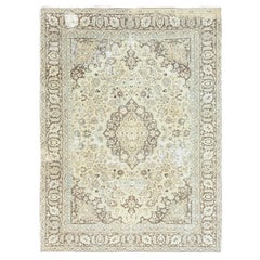 Ivory, Hand Knotted, Vintage Persian Kashan Distressed Look Worn Wool Rug