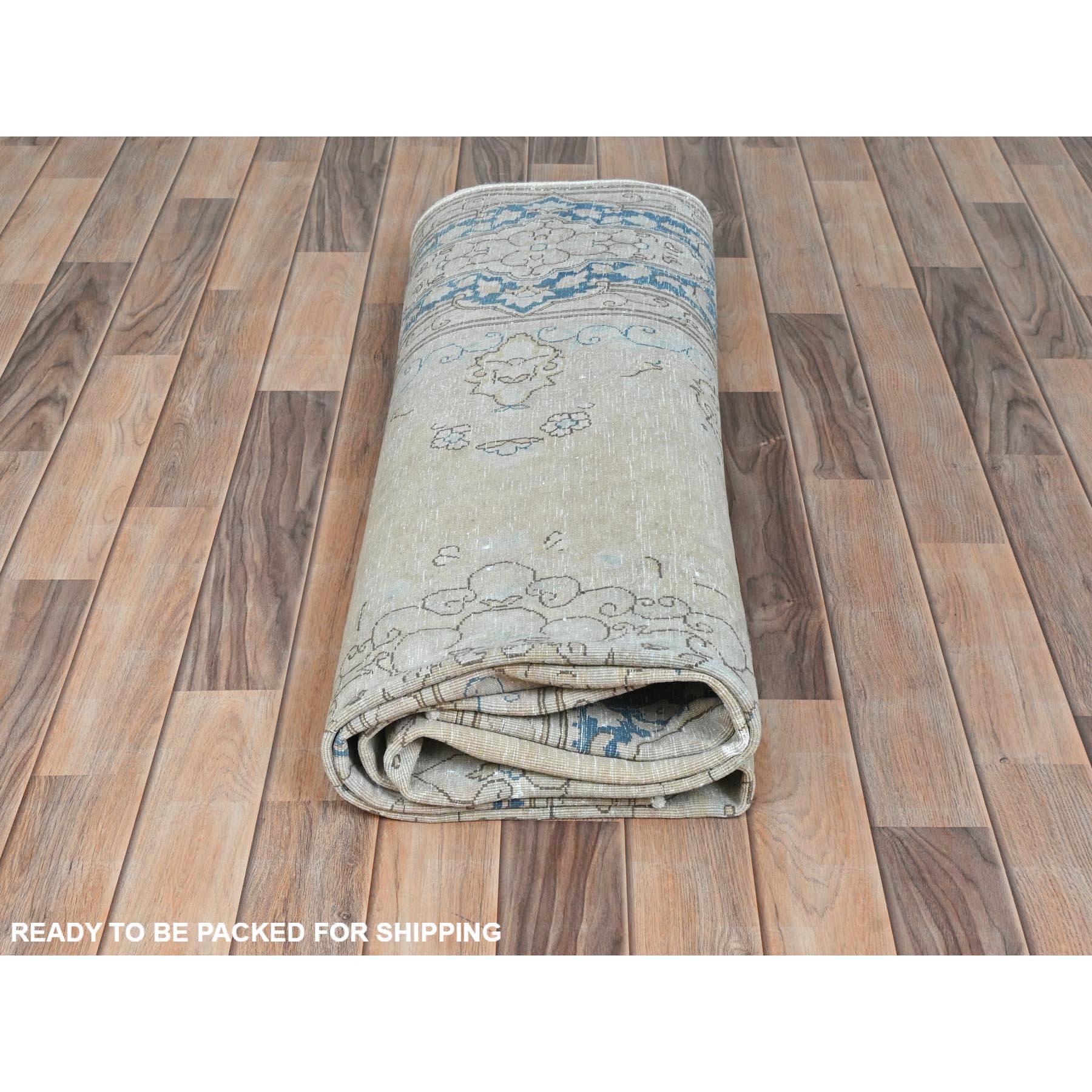 Ivory Hand Knotted Vintage Persian Kerman Sheared Low Distressed Worn Wool Rug For Sale 4