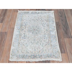 Ivory Hand Knotted Vintage Persian Kerman Sheared Low Distressed Worn Wool Rug
