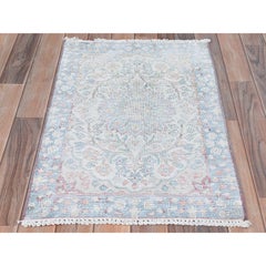 Ivory Hand Knotted Vintage Persian Kerman Sheared Low Distressed Worn Wool Rug