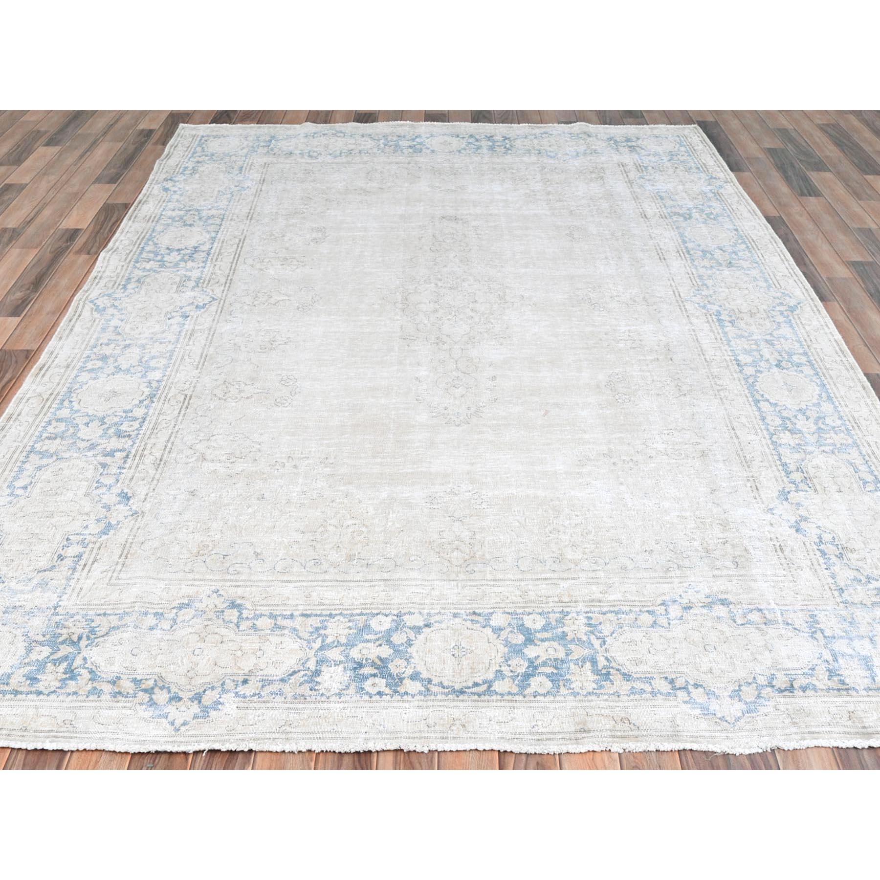 Medieval Ivory Hand Knotted Vintage Persian Kerman Sheared Low Distressed Worn Wool Rug For Sale