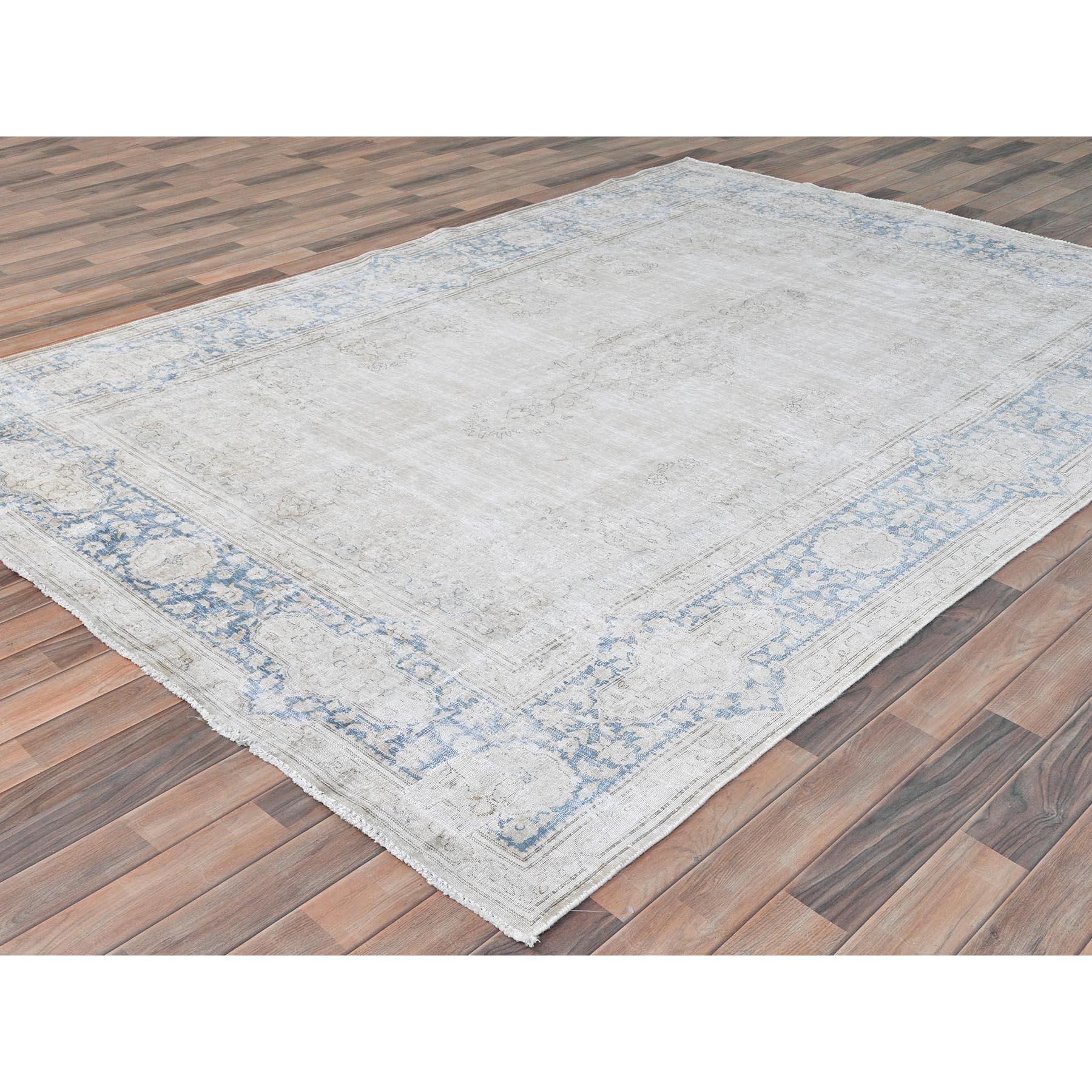 Hand-Knotted Ivory Hand Knotted Vintage Persian Kerman Sheared Low Distressed Worn Wool Rug For Sale