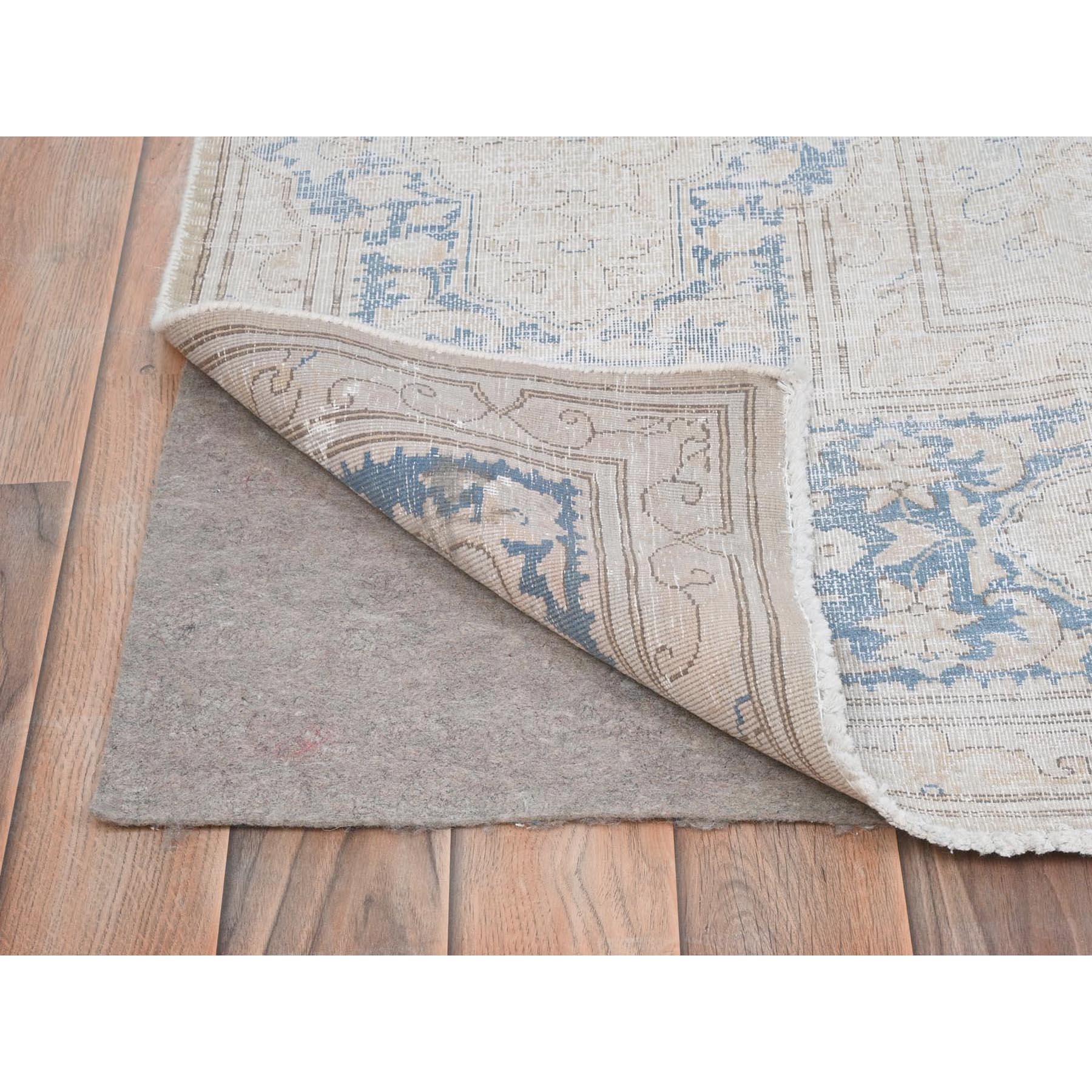 Ivory Hand Knotted Vintage Persian Kerman Sheared Low Distressed Worn Wool Rug In Good Condition For Sale In Carlstadt, NJ