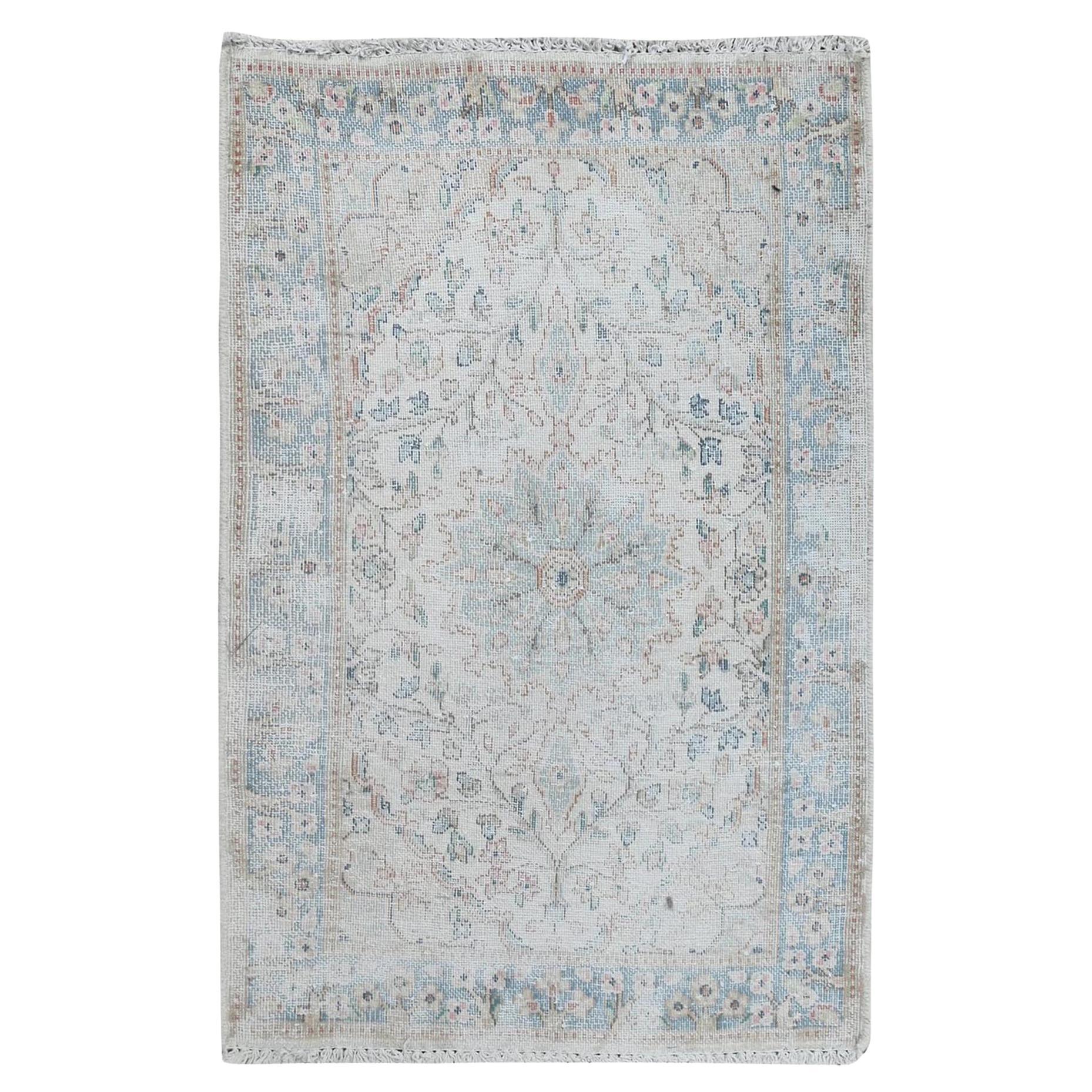 Ivory Hand Knotted Vintage Persian Kerman Sheared Low Distressed Worn Wool Rug For Sale