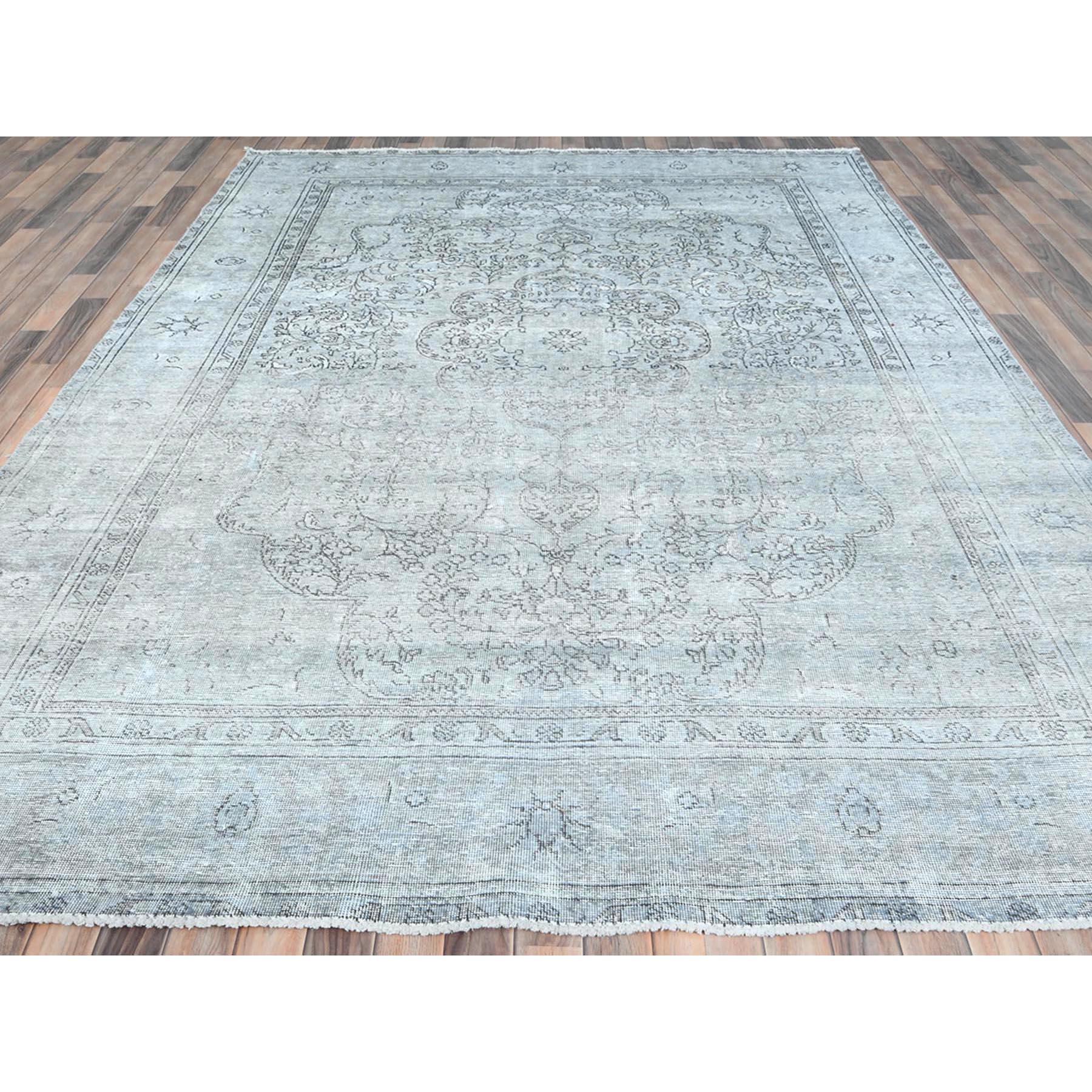 Hand-Knotted Ivory Hand Knotted Vintage Persian Tabriz Cropped Thin Distressed Look Wool Rug For Sale