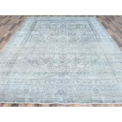 Ivory Hand Knotted Vintage Zoroastrian Tebraz Cropped Thin Rustic Look Wool Rug