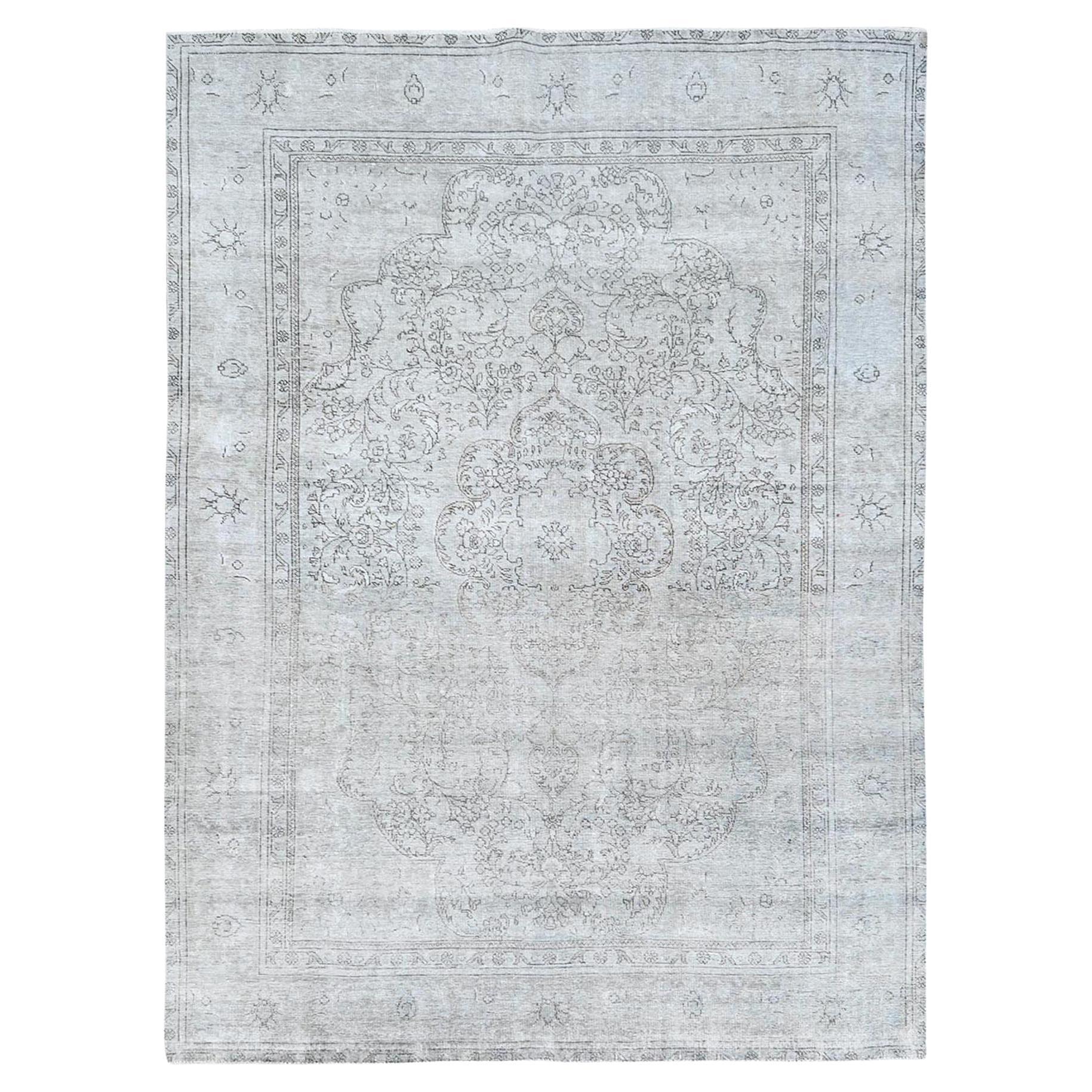 Ivory Hand Knotted Vintage Persian Tabriz Cropped Thin Distressed Look Wool Rug For Sale