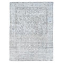 Ivory Hand Knotted Retro Persian Tabriz Cropped Thin Distressed Look Wool Rug