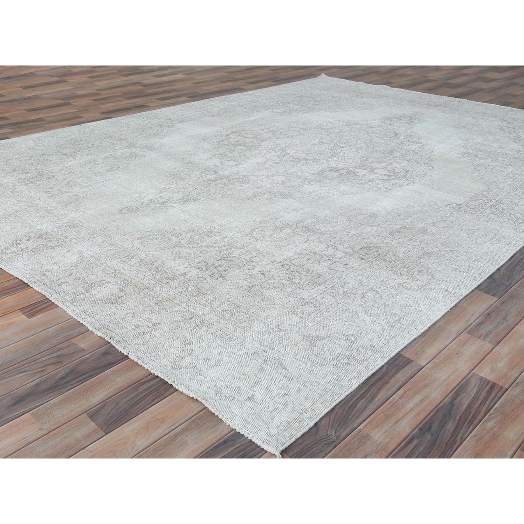 Ivory Hand Knotted Vintage Persian Tabriz Sheared Low Distressed Worn Wool Rug In Good Condition For Sale In Carlstadt, NJ