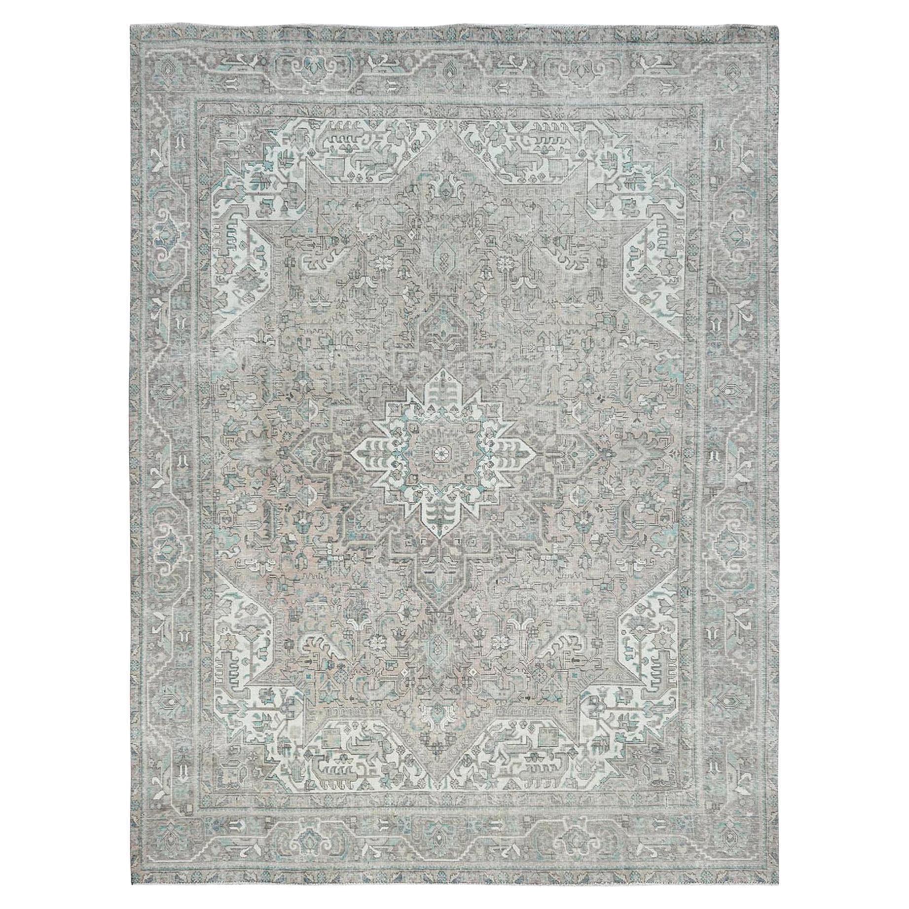 Ivory Hand Knotted Vintage Persian Tabriz Sheared Low Distressed Worn Wool Rug For Sale
