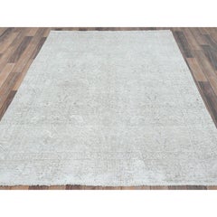 Ivory Hand Knotted Vintage Persian Tabriz Worn Wool Distressed Look Rug