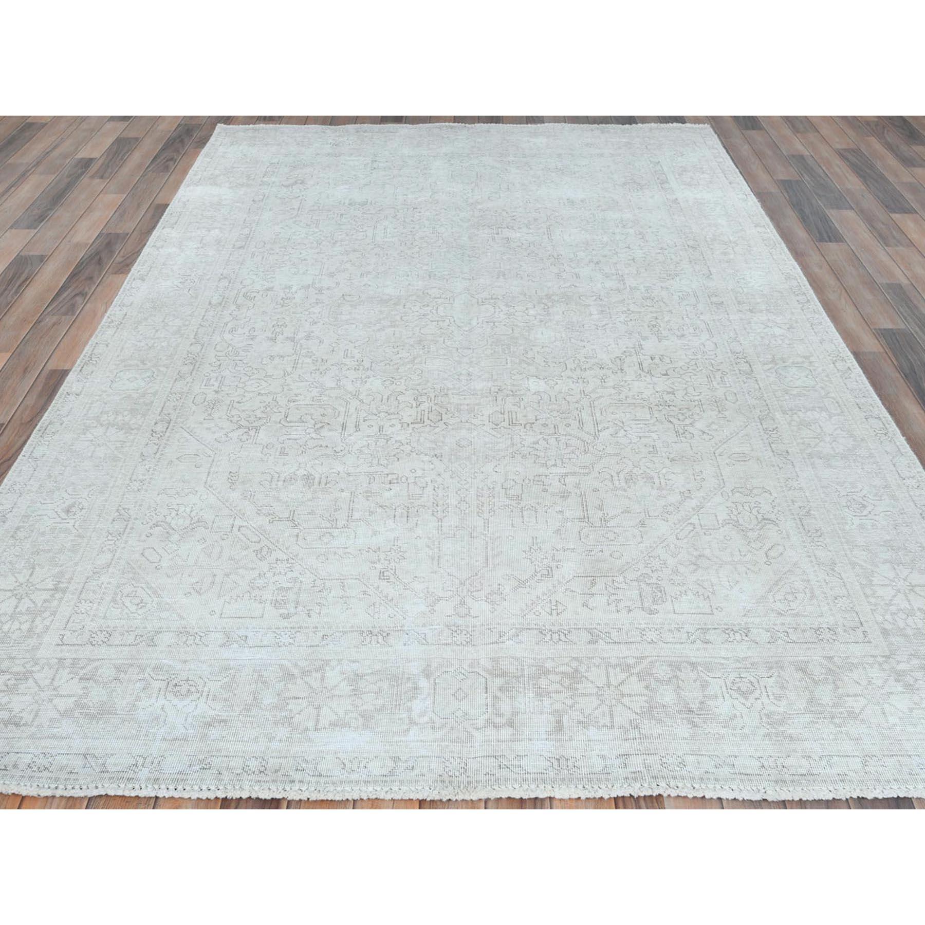Hand-Knotted Ivory Hand Knotted Vintage Persian Tabriz Worn Wool Distressed Look Rug For Sale