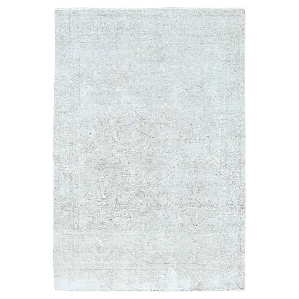Beige Vintage Persian Tabriz Hand Knotted Worn Wool Distressed Look Rug ...