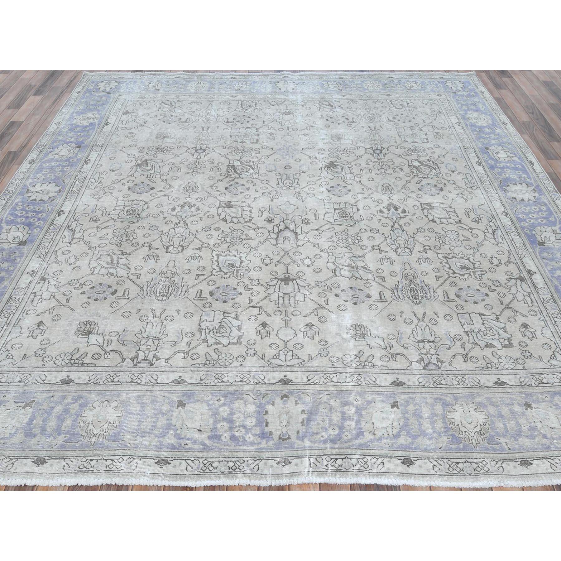 Hand-Knotted Ivory Hand Knotted Vintage Persian Tabriz Worn Wool Distressed Look Square Rug For Sale