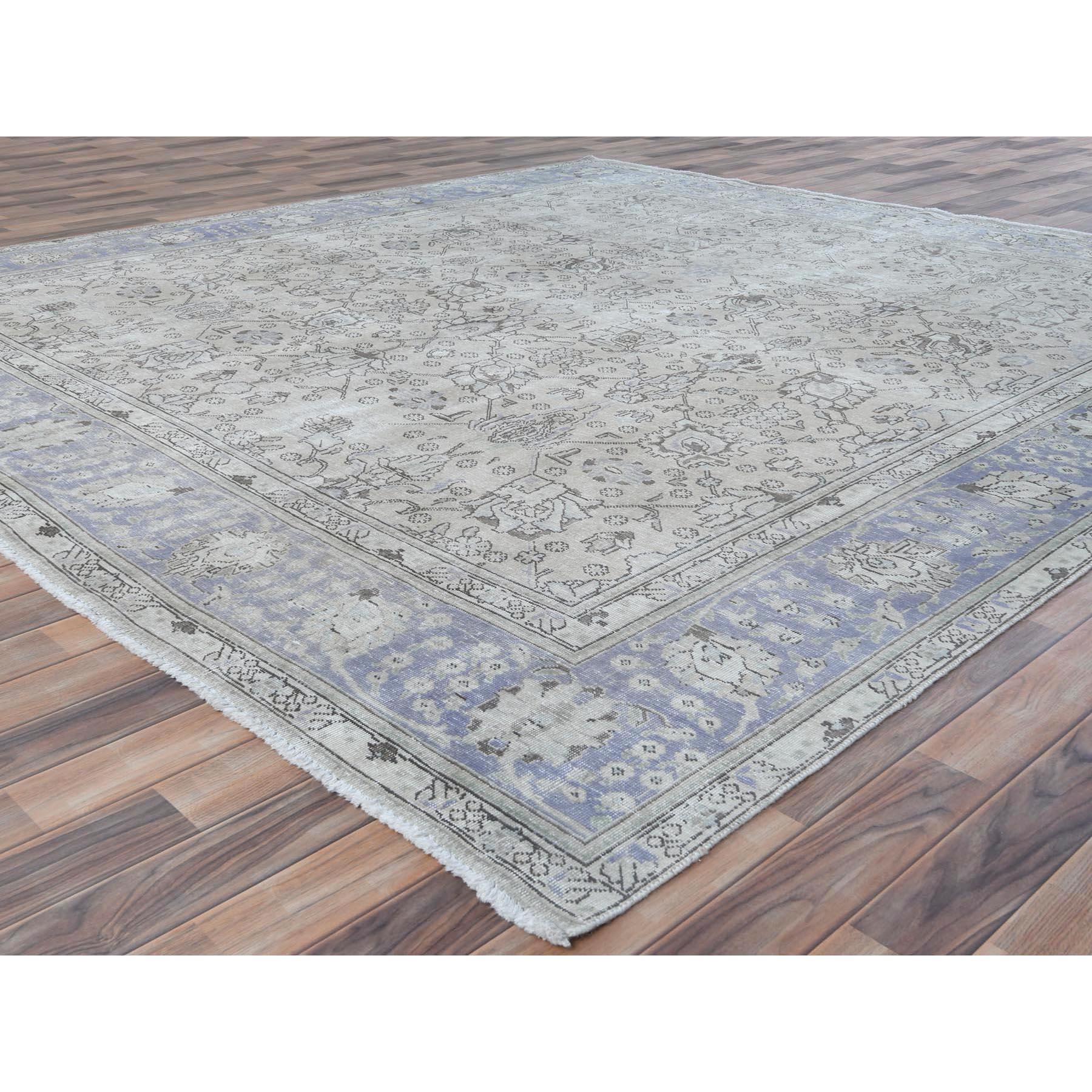 Ivory Hand Knotted Vintage Persian Tabriz Worn Wool Distressed Look Square Rug In Good Condition For Sale In Carlstadt, NJ