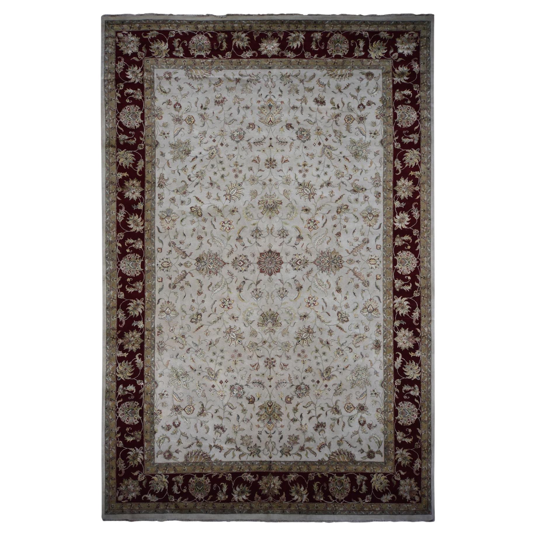 Ivory Hand Knotted Wool and Silk Rajasthan Design Oversized Rug 12'0" x 18'2"