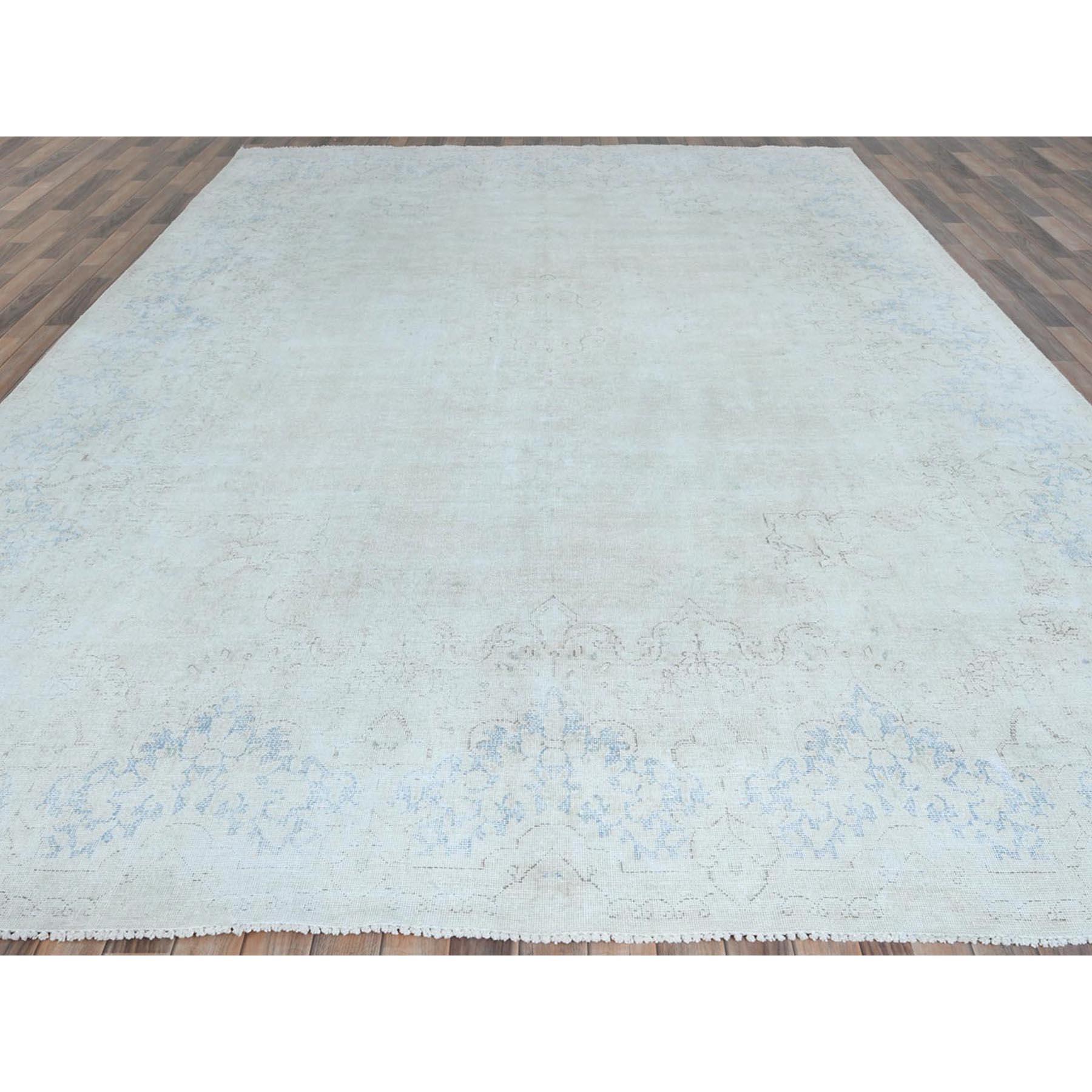Medieval Ivory Hand Knotted Worn Wool Shabby Chic Distressed Look Old Persian Kerman Rug For Sale