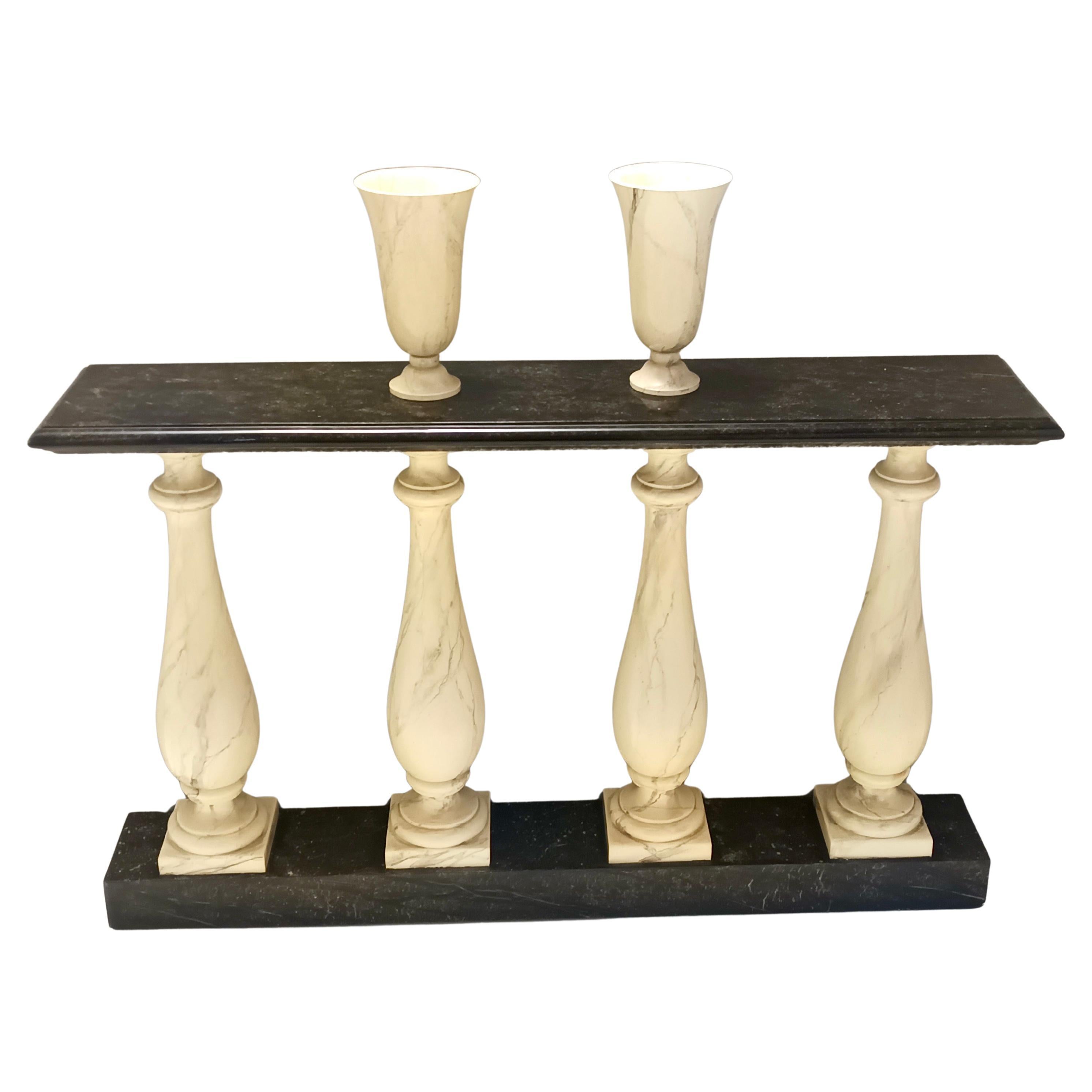 Ivory Hand-Painted Beech Console / Balustrade with a Marble Effect and Two Vases