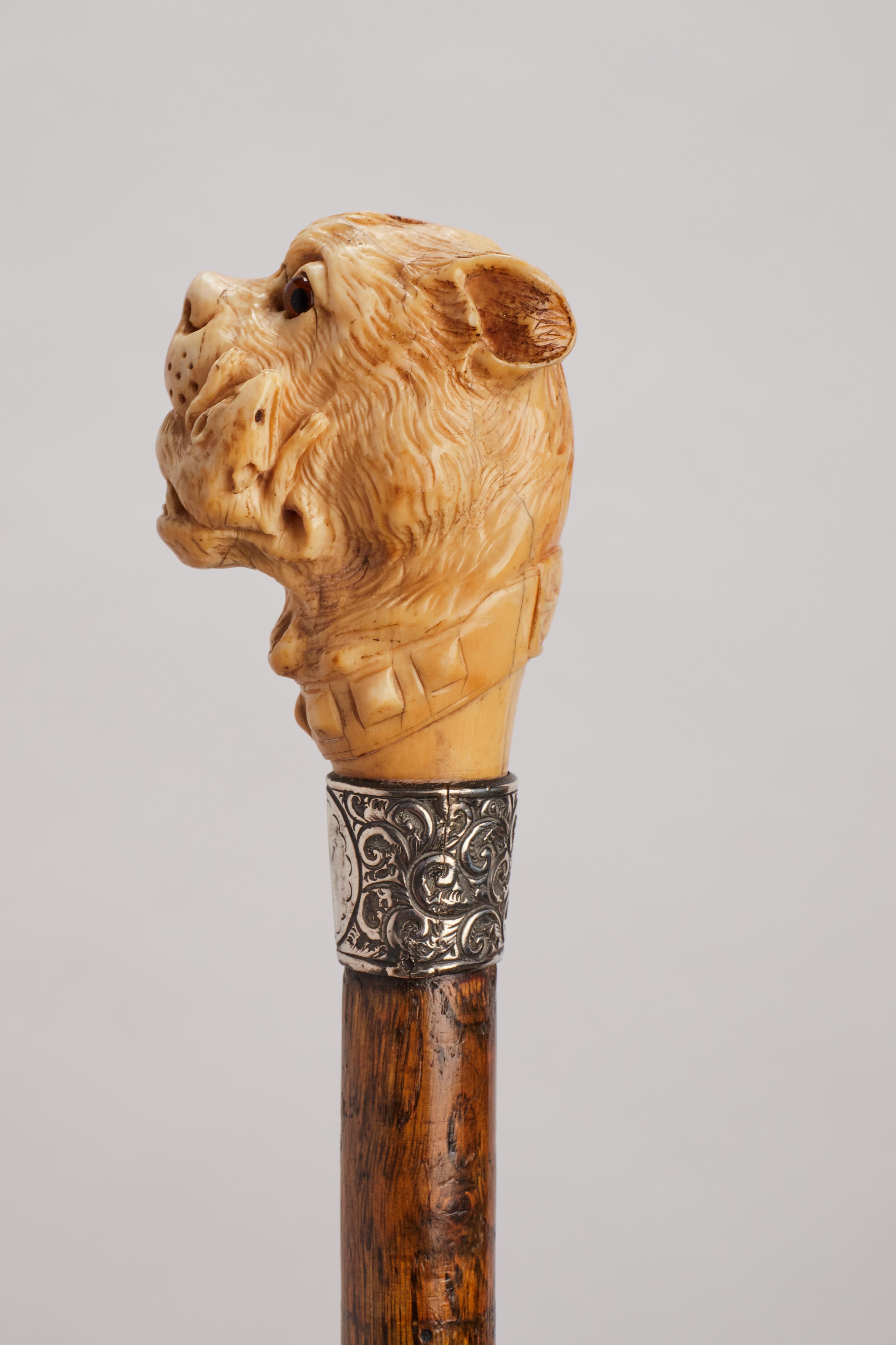 Ivory handle walking stick depicting a dog’s head and a mouse. England 1890.  For Sale 2