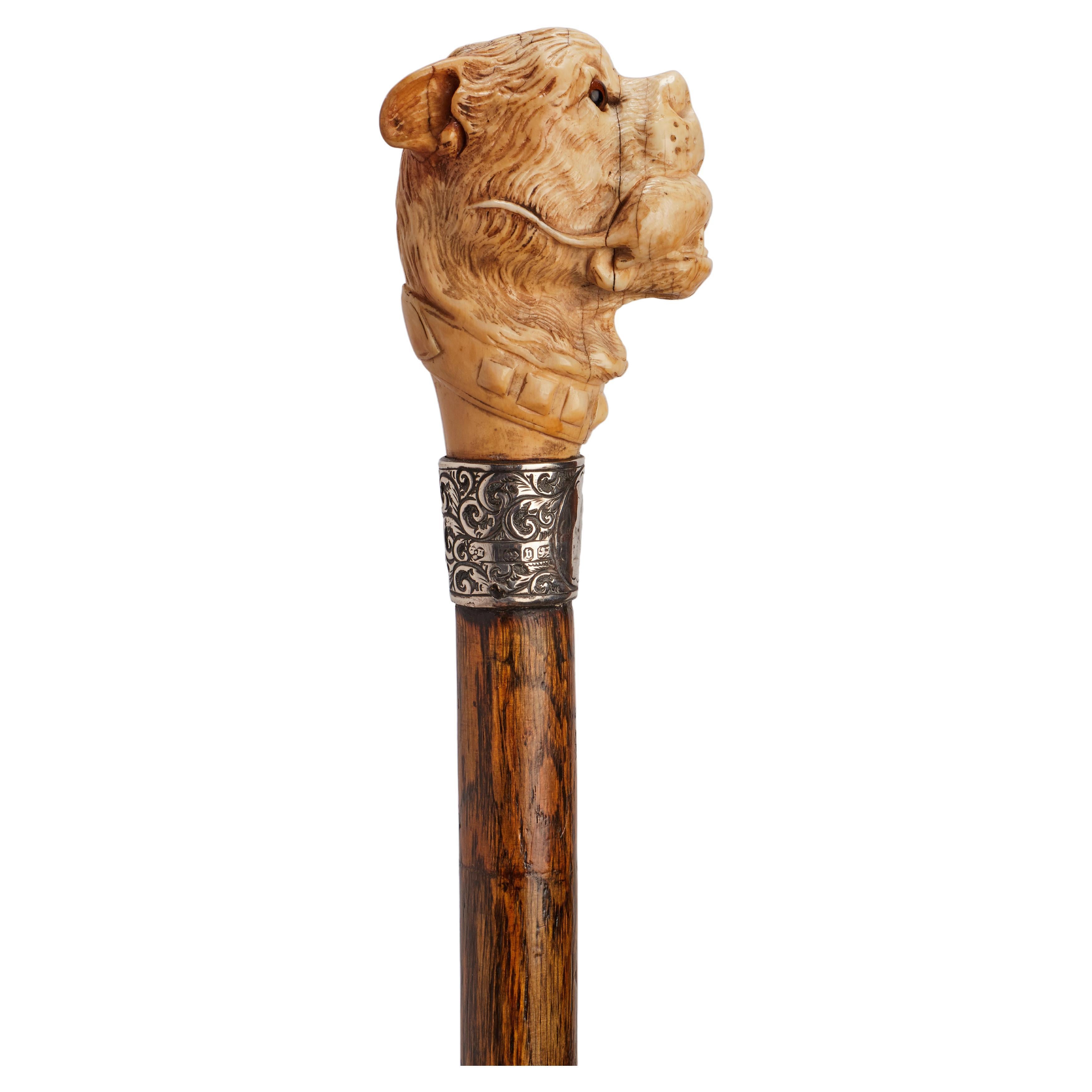 Ivory handle walking stick depicting a dog’s head and a mouse. England 1890.  For Sale