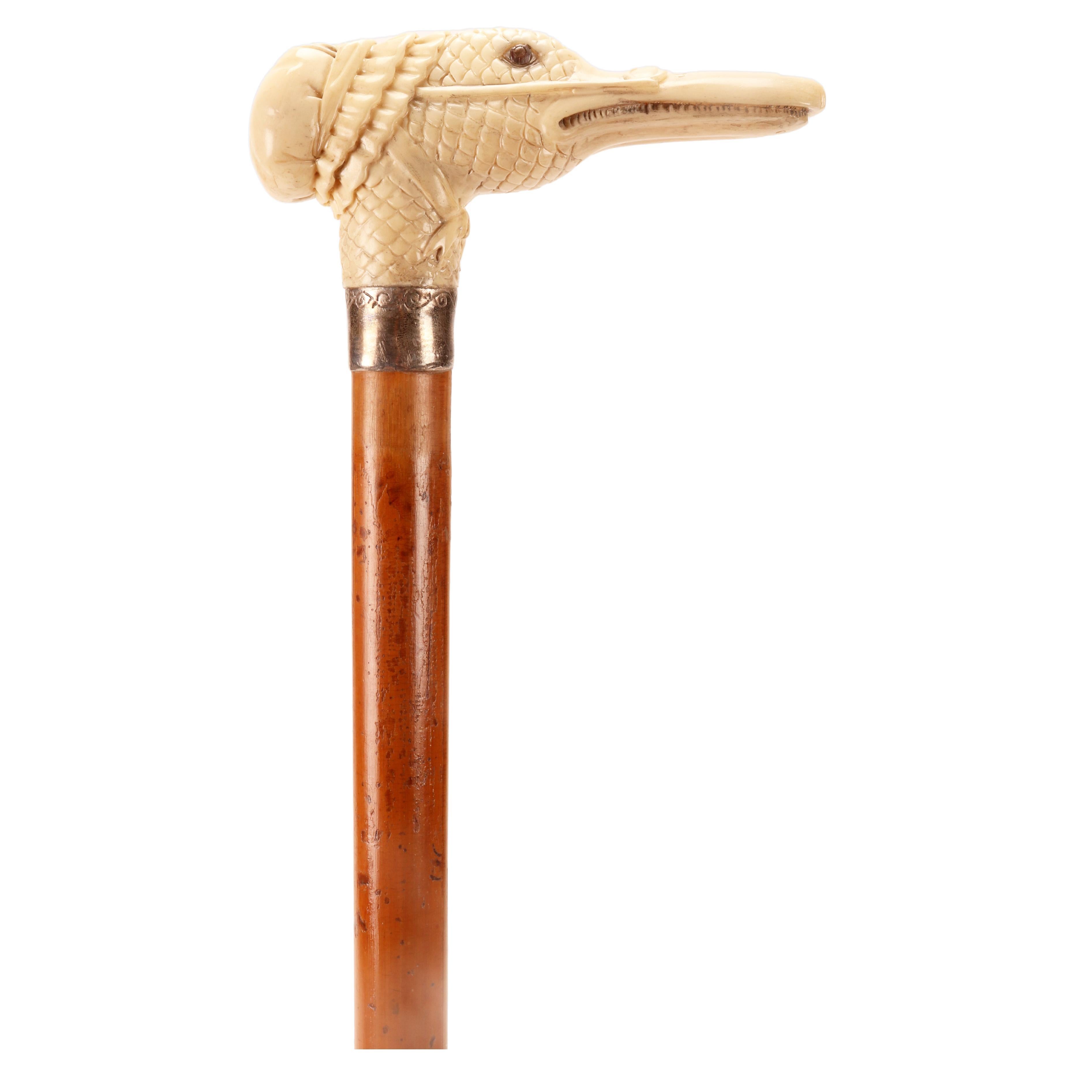 Ivory handle walking stick depicting a goose head, Austria1880.  For Sale