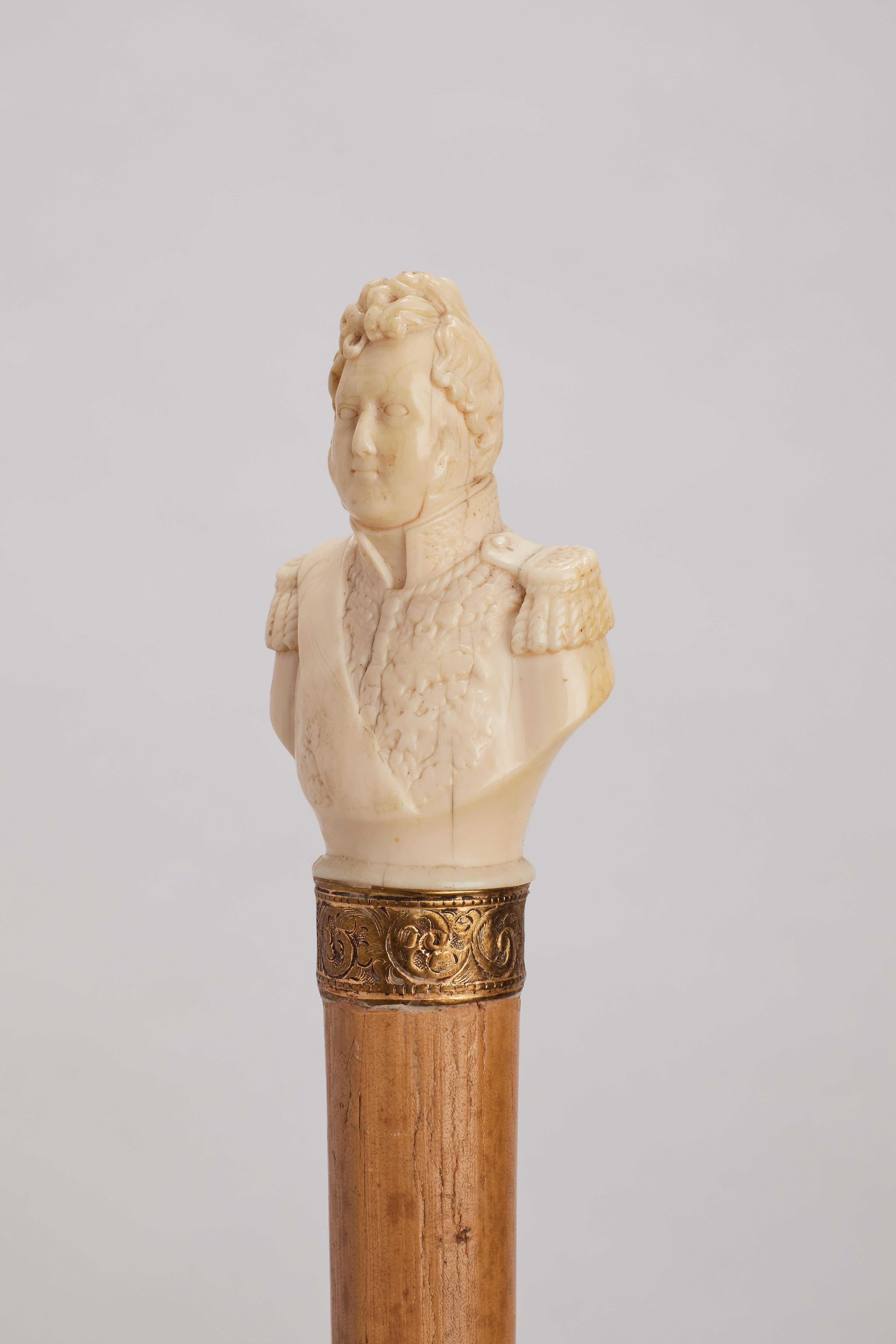 Metal Ivory handle walking stick depicting a portrait of Louis Philippe. France 1870.  For Sale