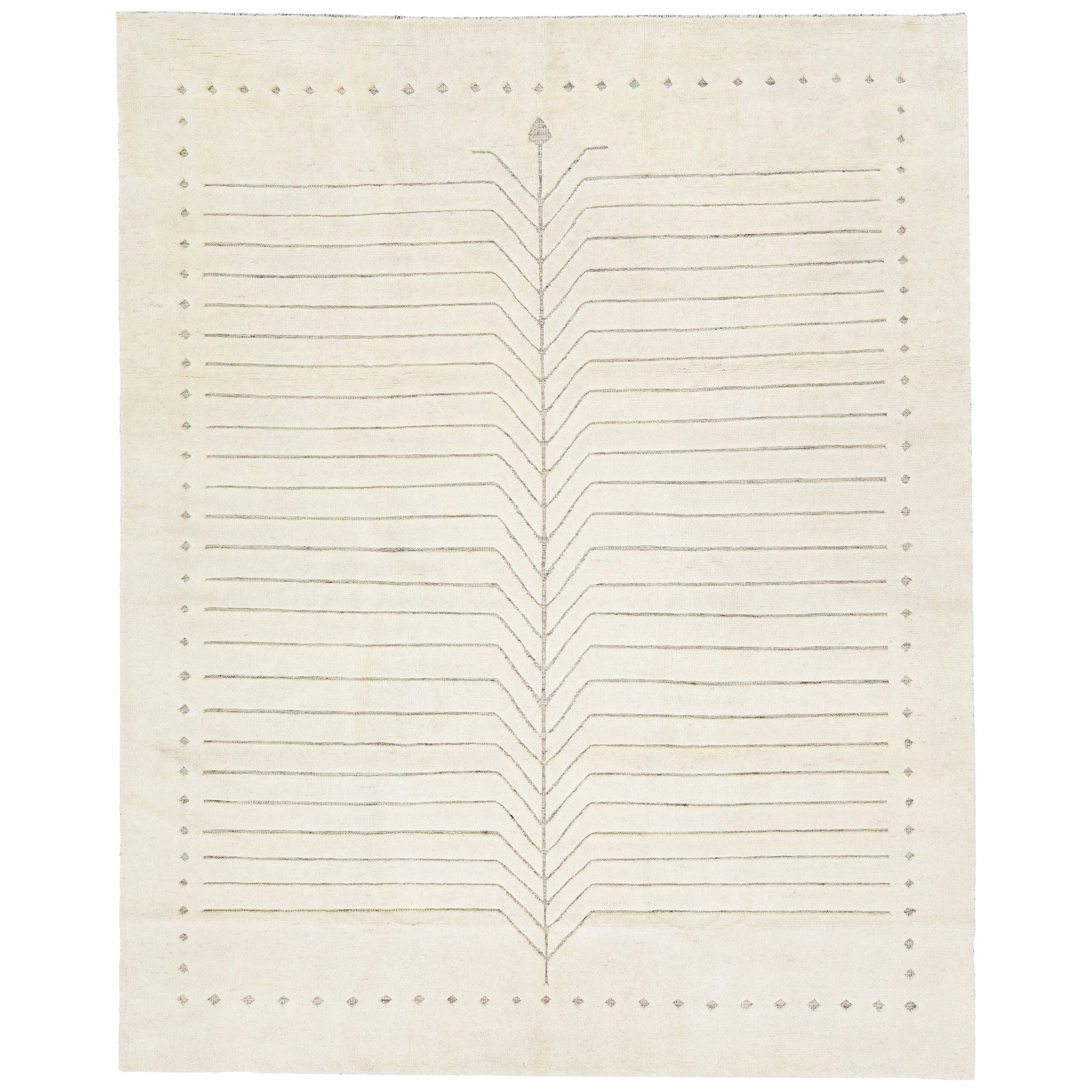 Elfenbeinfarbener handgefertigter moderner Wollteppich mit minimalistischem marokkanischem Stil im Angebot