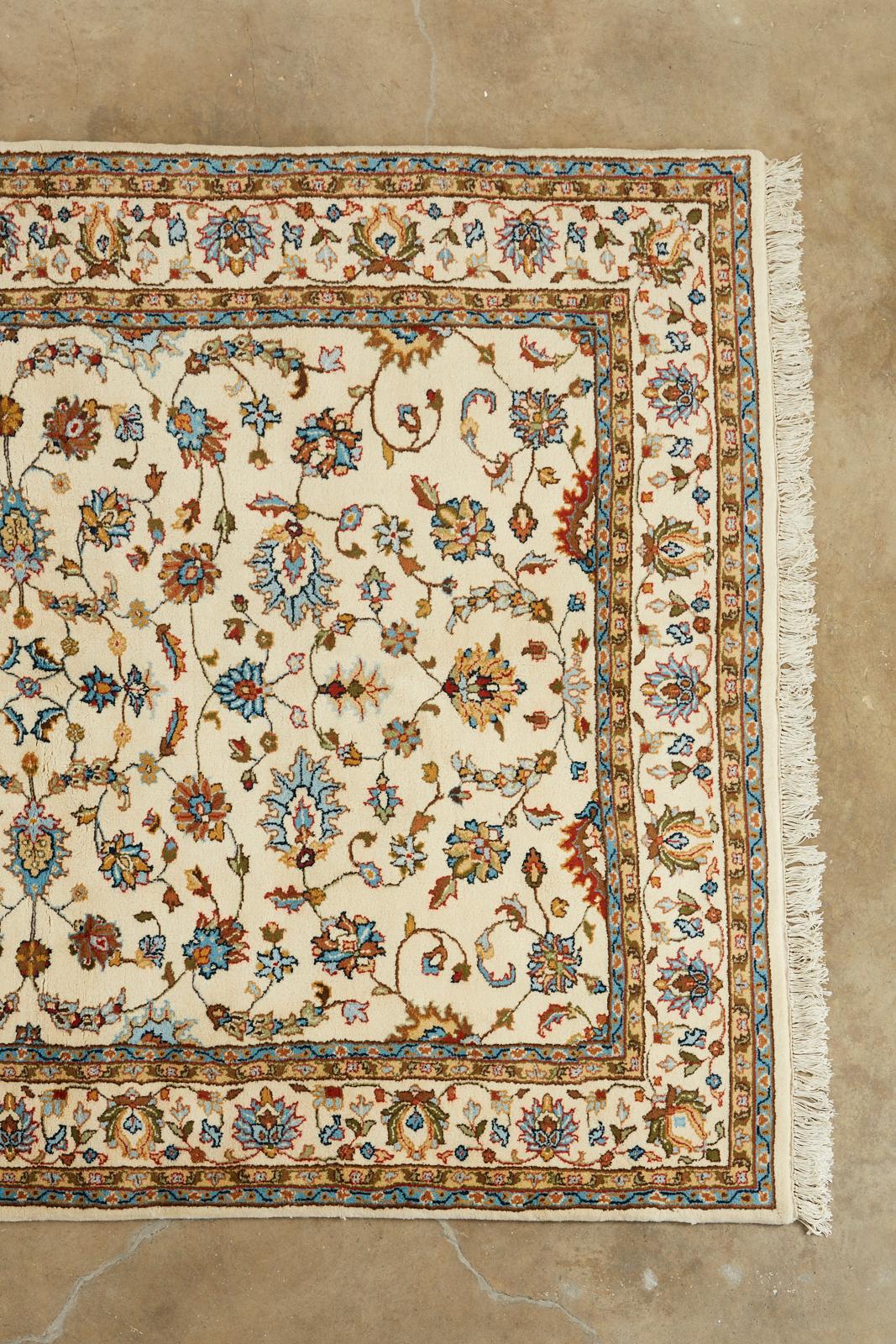 Hand-Knotted Ivory Indo Persian Kashan Design Rug For Sale