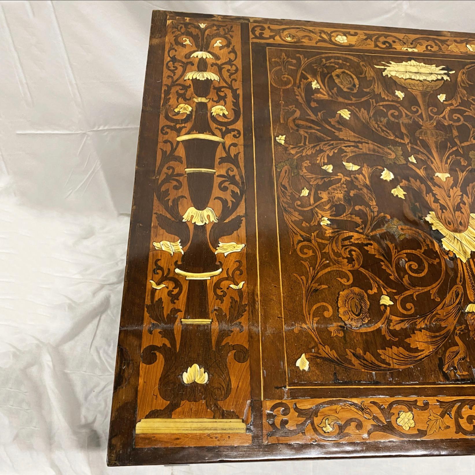 Ivory Inlaid Marquetry Table with Barley Twist Legs  In Good Condition For Sale In Sag Harbor, NY