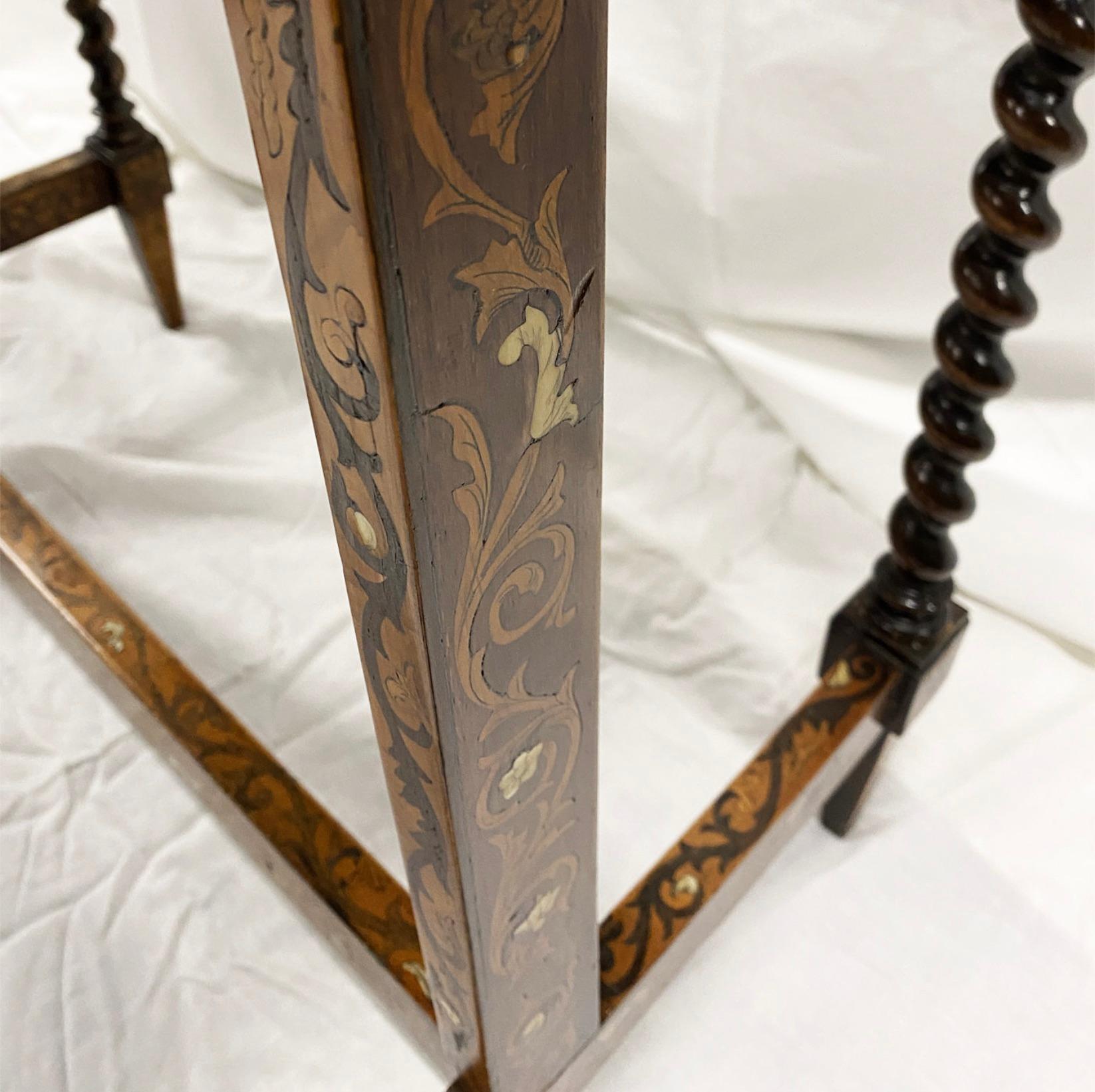Wood Ivory Inlaid Marquetry Table with Barley Twist Legs  For Sale