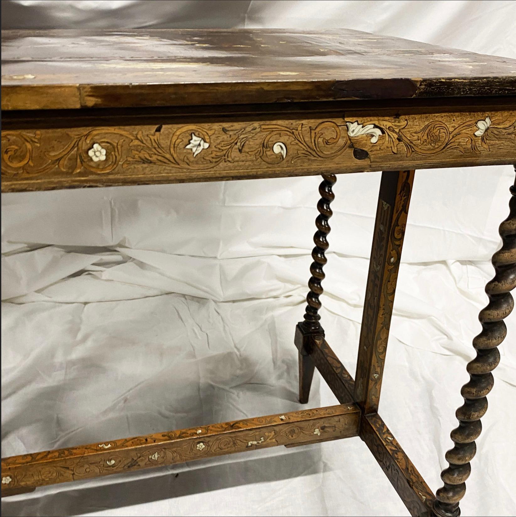Ivory Inlaid Marquetry Table with Barley Twist Legs  For Sale 1