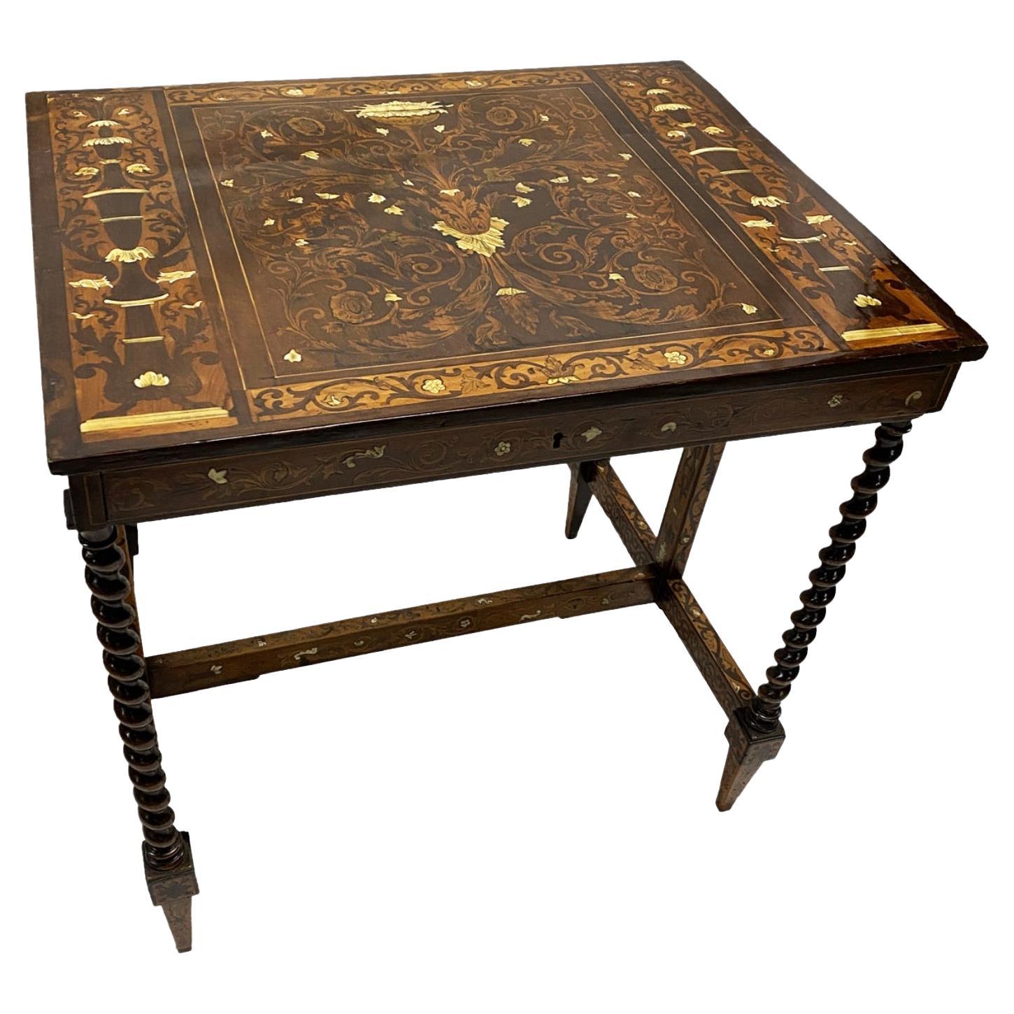 Ivory Inlaid Marquetry Table with Barley Twist Legs 
