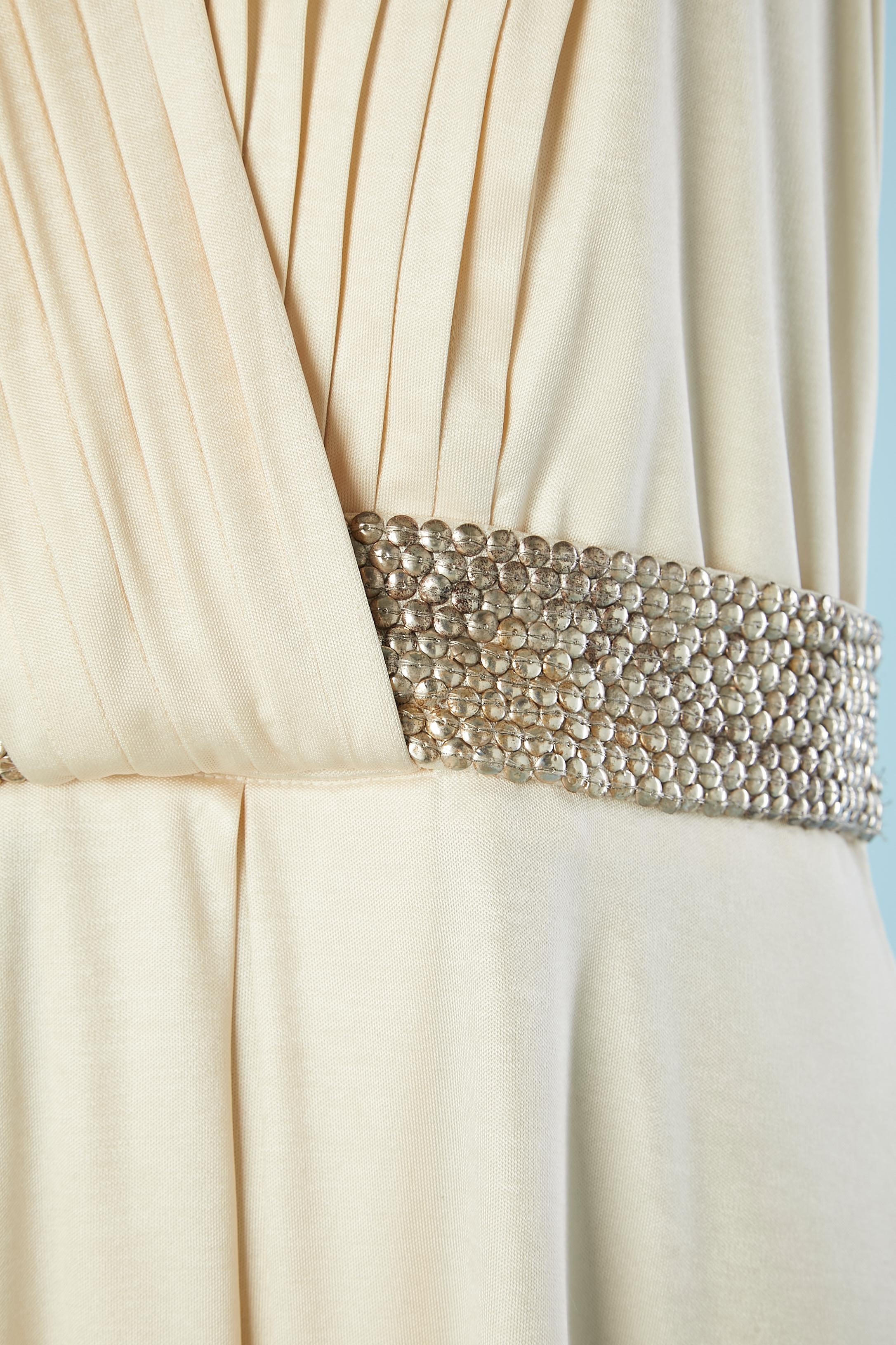 Beige Ivory jersey backless cocktail dress with silver sequin belt Roberto Cavalli  For Sale