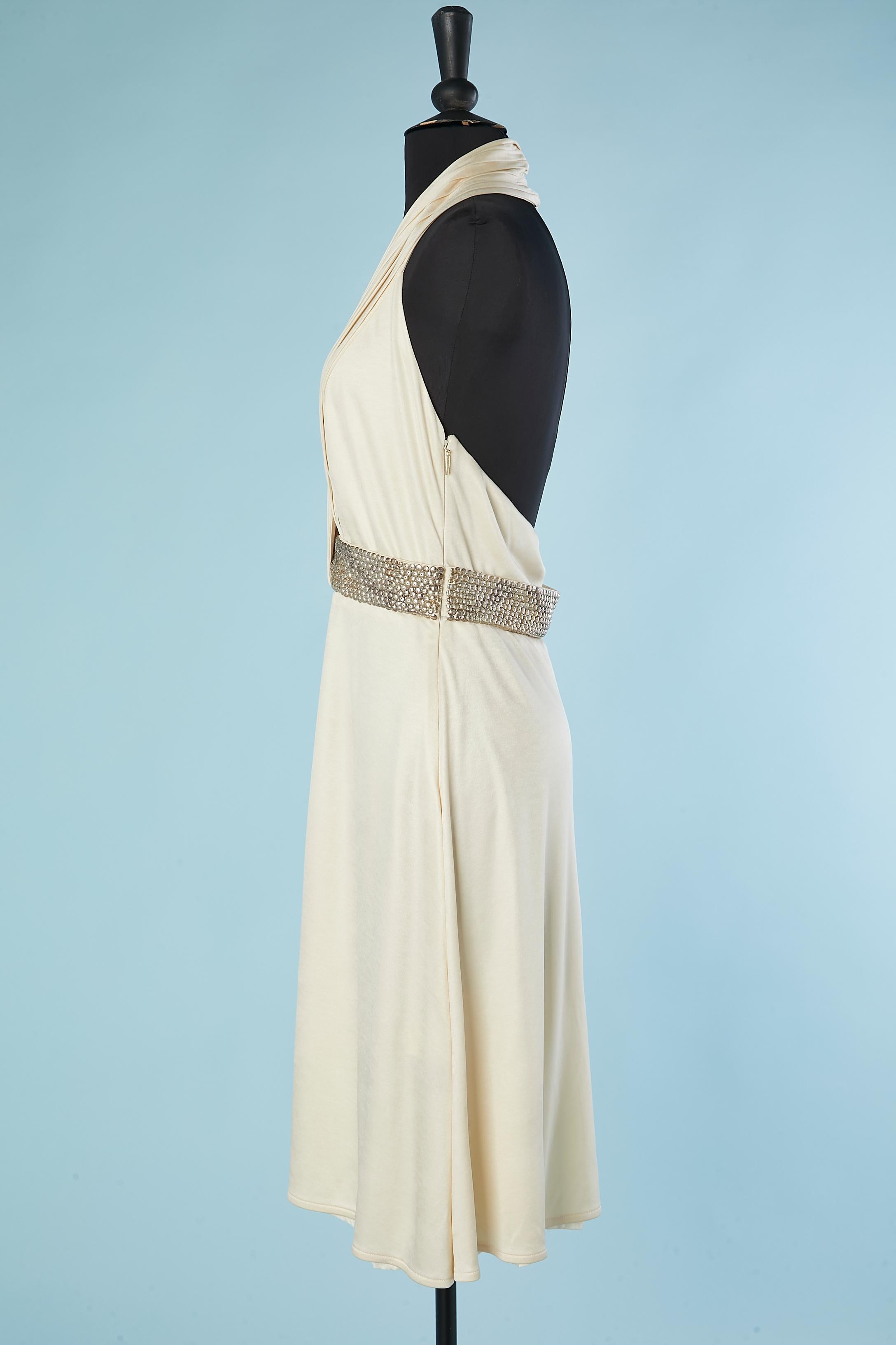 Ivory jersey backless cocktail dress with silver sequin belt Roberto Cavalli  In Excellent Condition For Sale In Saint-Ouen-Sur-Seine, FR