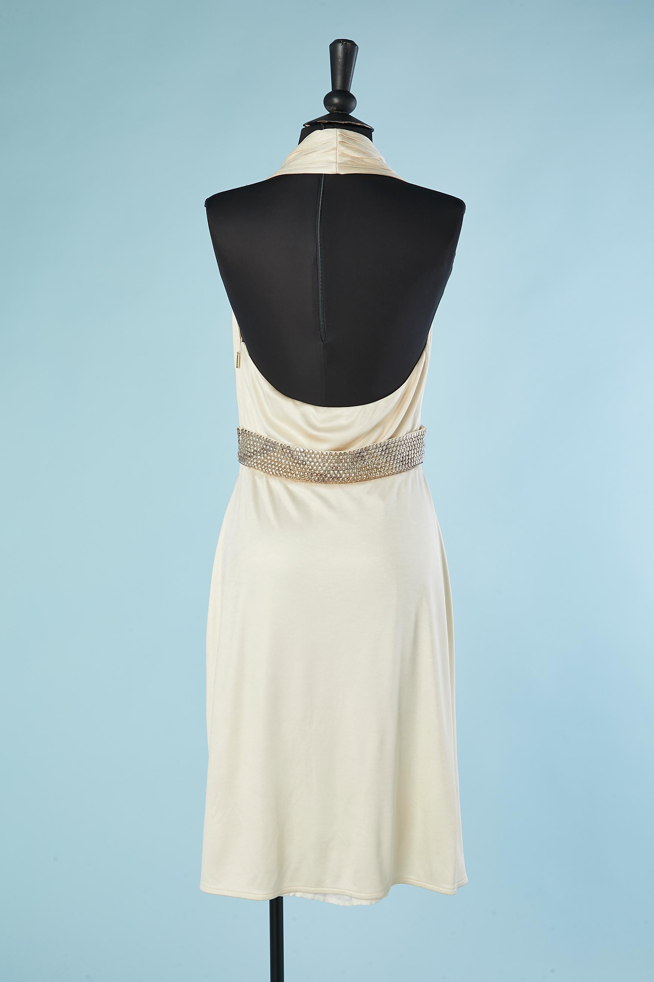 Women's Ivory jersey backless cocktail dress with silver sequin belt Roberto Cavalli For Sale