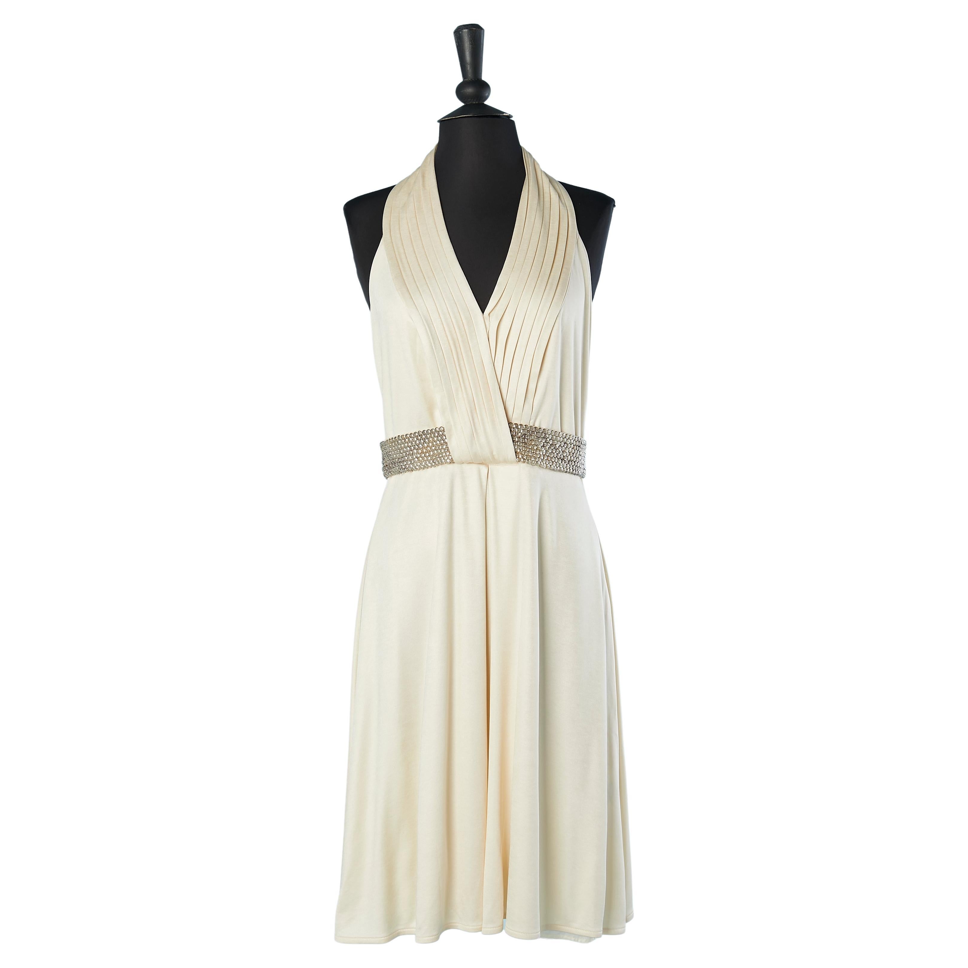 Ivory jersey backless cocktail dress with silver sequin belt Roberto Cavalli For Sale