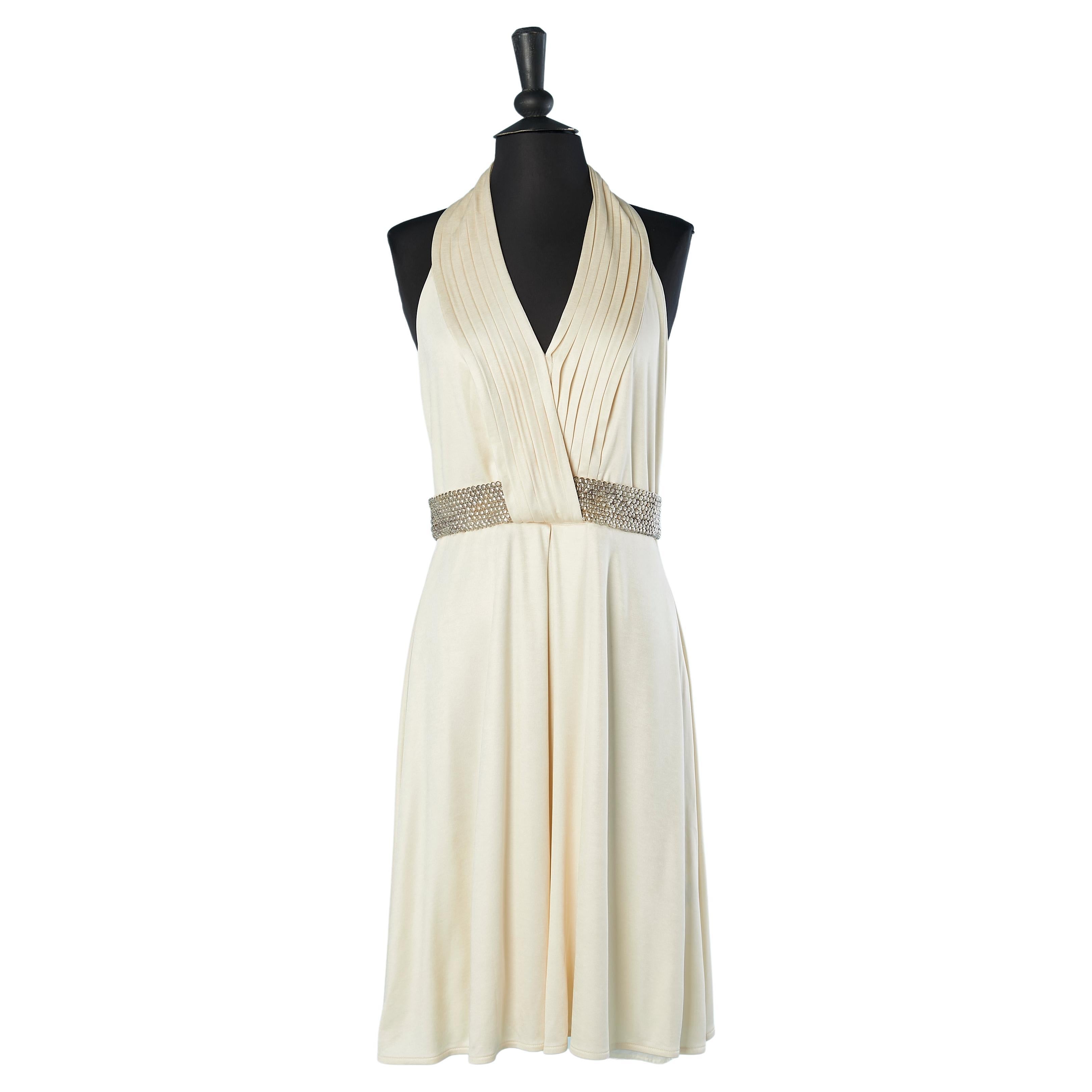 Ivory jersey backless cocktail dress with silver sequin belt Roberto Cavalli 