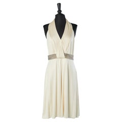Ivory jersey backless cocktail dress with silver sequin belt Roberto Cavalli 
